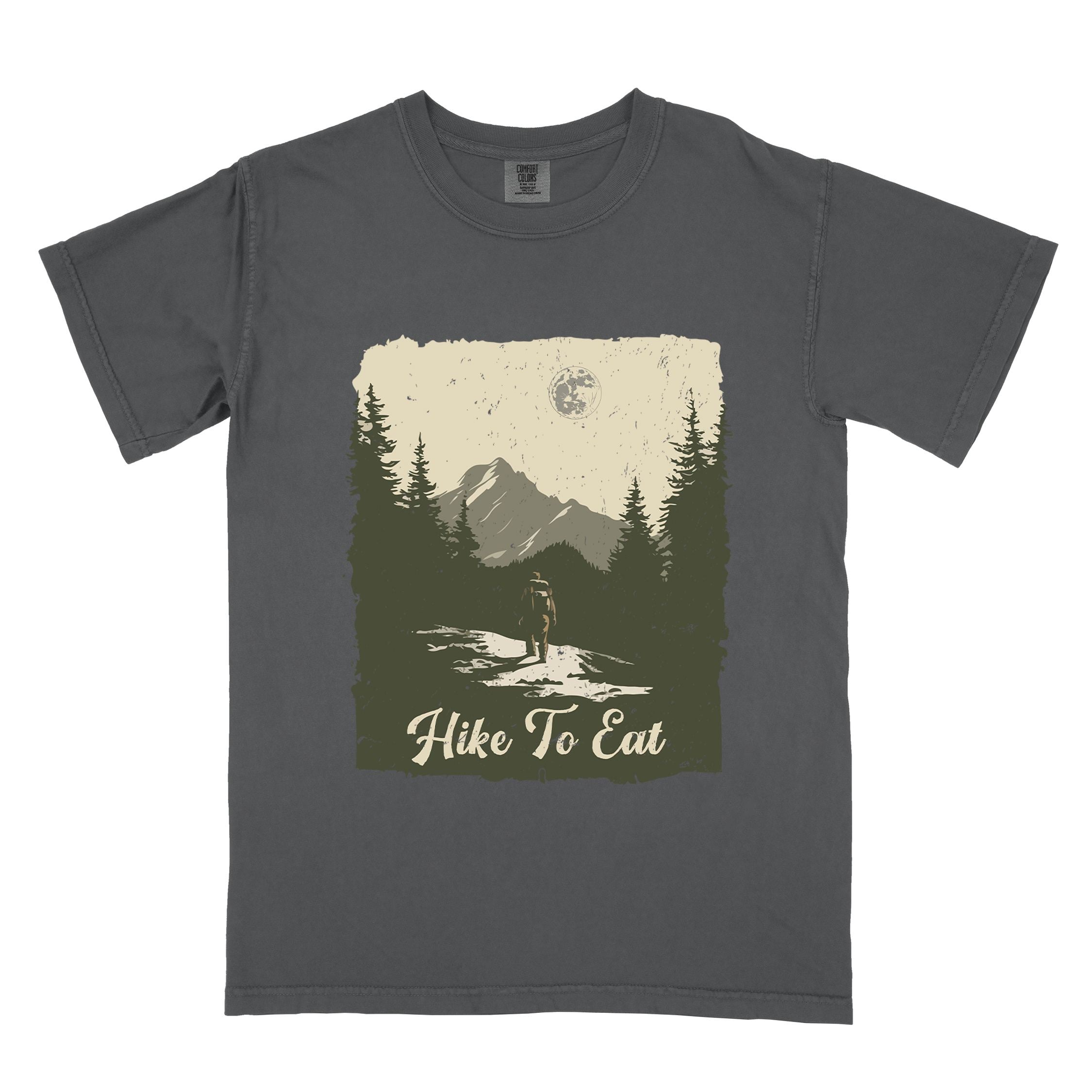 Graphite "Hike to Eat" colored vintage tee with bold typography, illustrated landscape, and backpacker for burger enthusiasts.