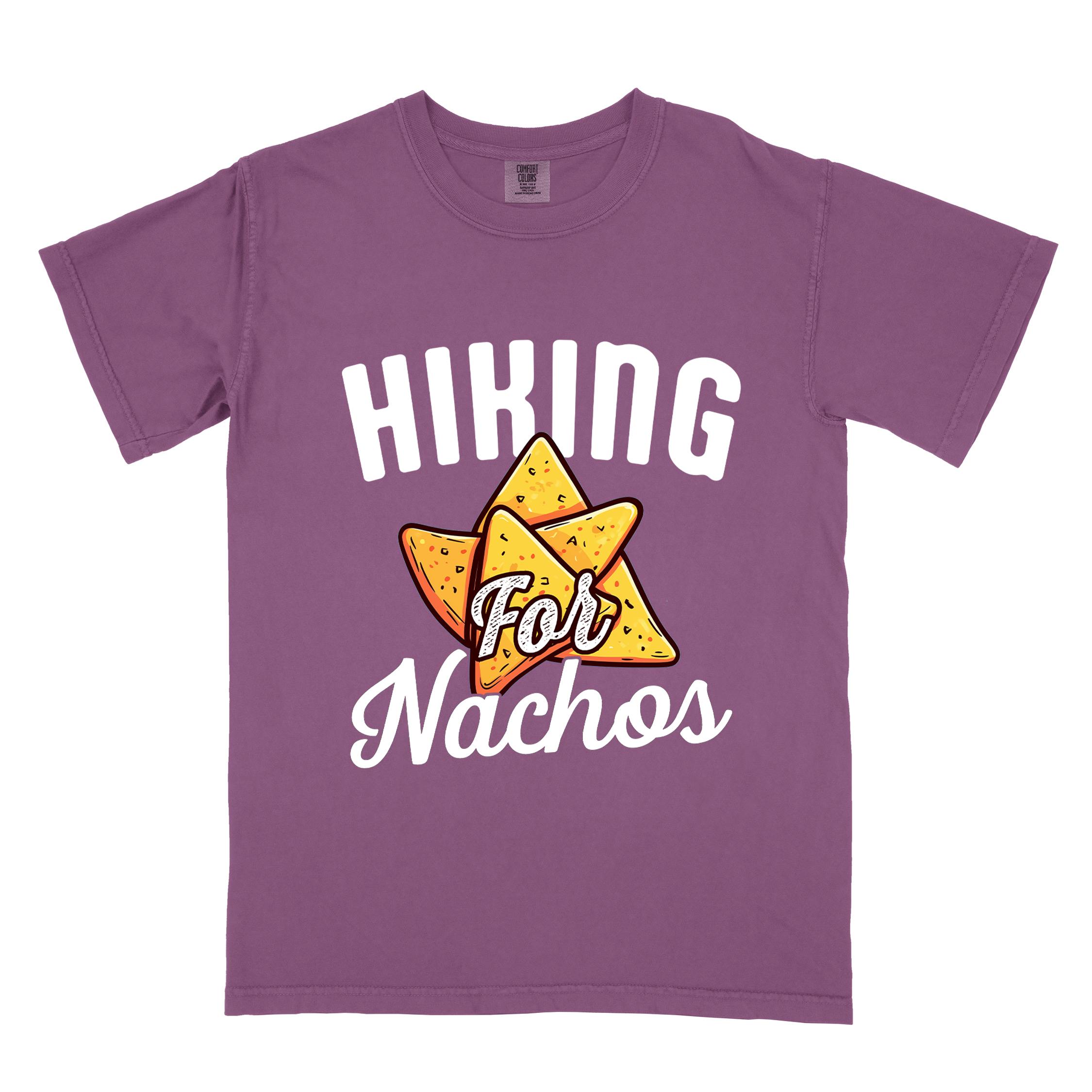 Berry "Hiking for Nachos" colored vintage tee with bold typography, illustrated crispy nachos chips, and backpacker craving for chips.