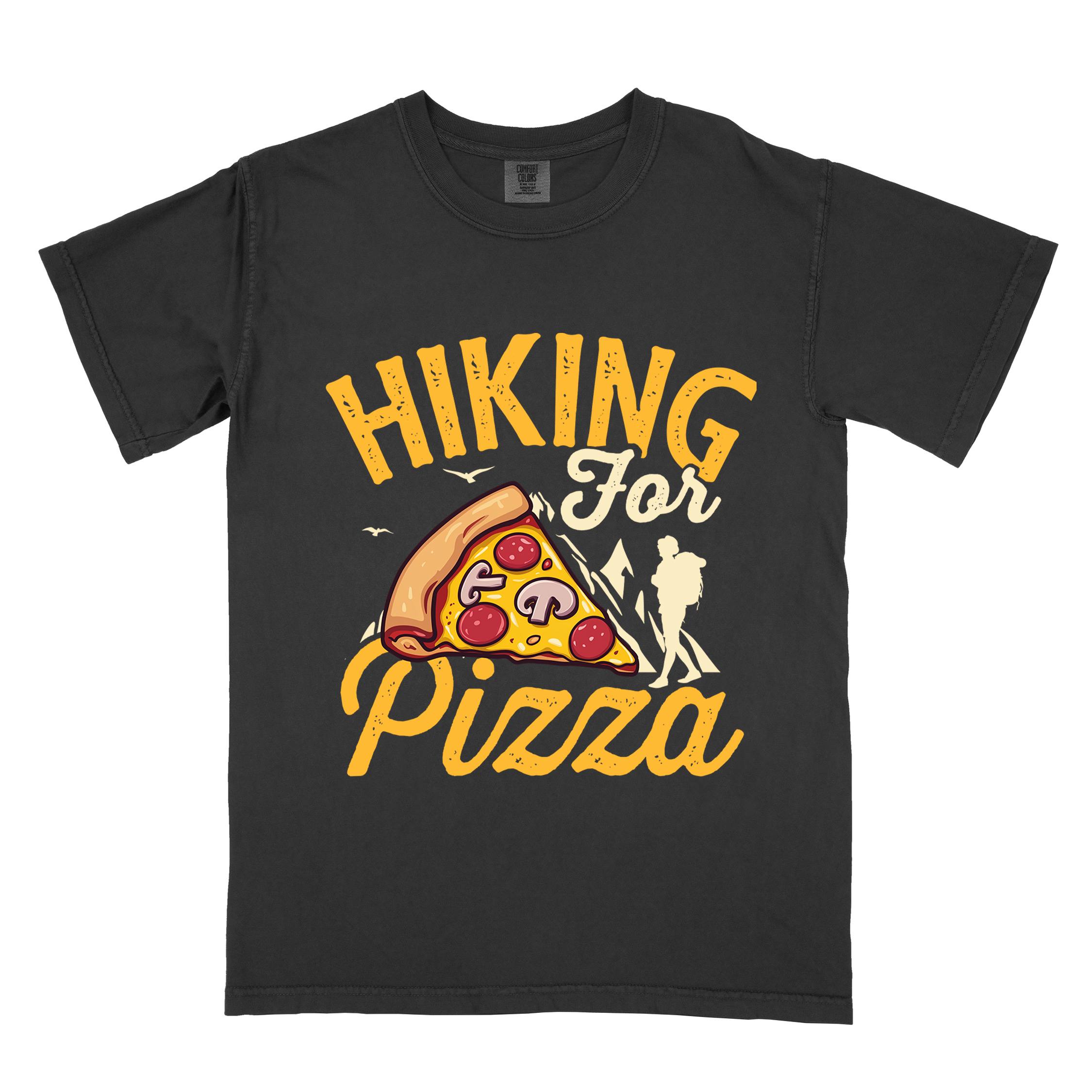 Black "Hiking for Pizza" colored vintage tee with bold typography, birds, mountains, illustrated pizza slice, and backpacker for pizza lovers.
