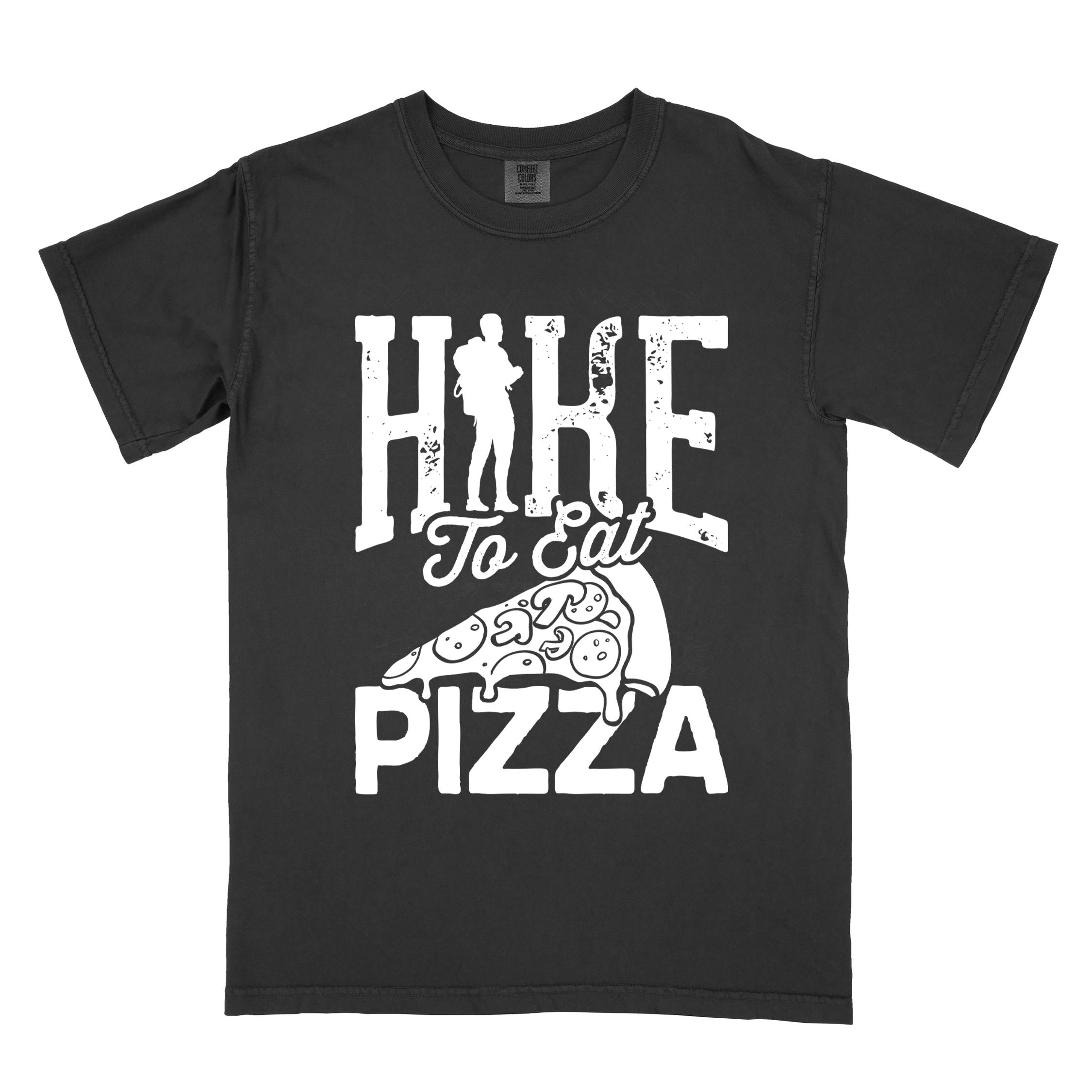 black "Hike to eat Pizza" colored vintage tee with bold typography, birds, mountains, illustrated pizza slice, and backpacker for pizza lover.