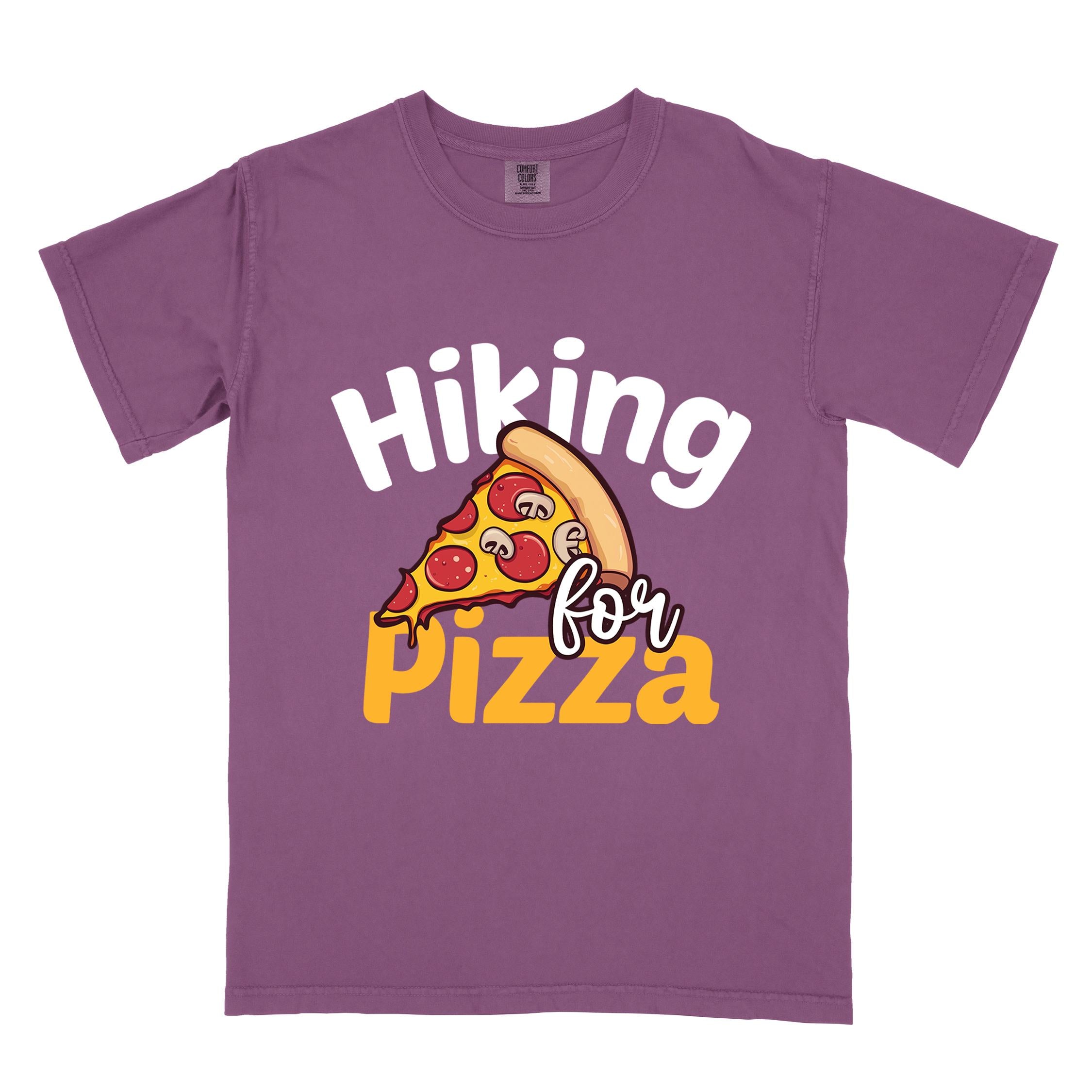 Berry "Hiking for pizza" colored vintage tee with bold typography, illustrated pizza slice, and backpacker for pizza lover.