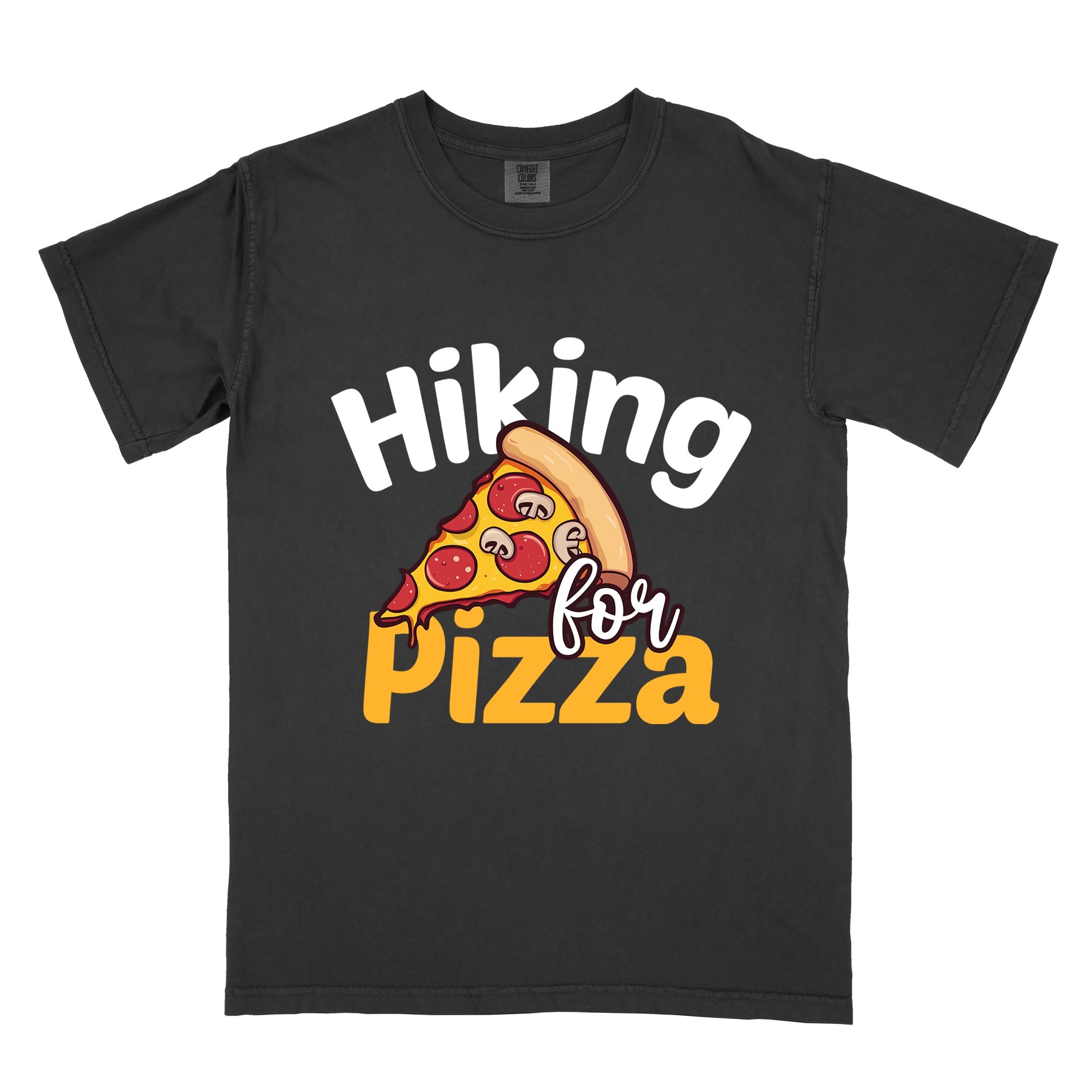 Black "Hiking for pizza" colored vintage tee with bold typography, illustrated pizza slice, and backpacker for pizza lover.