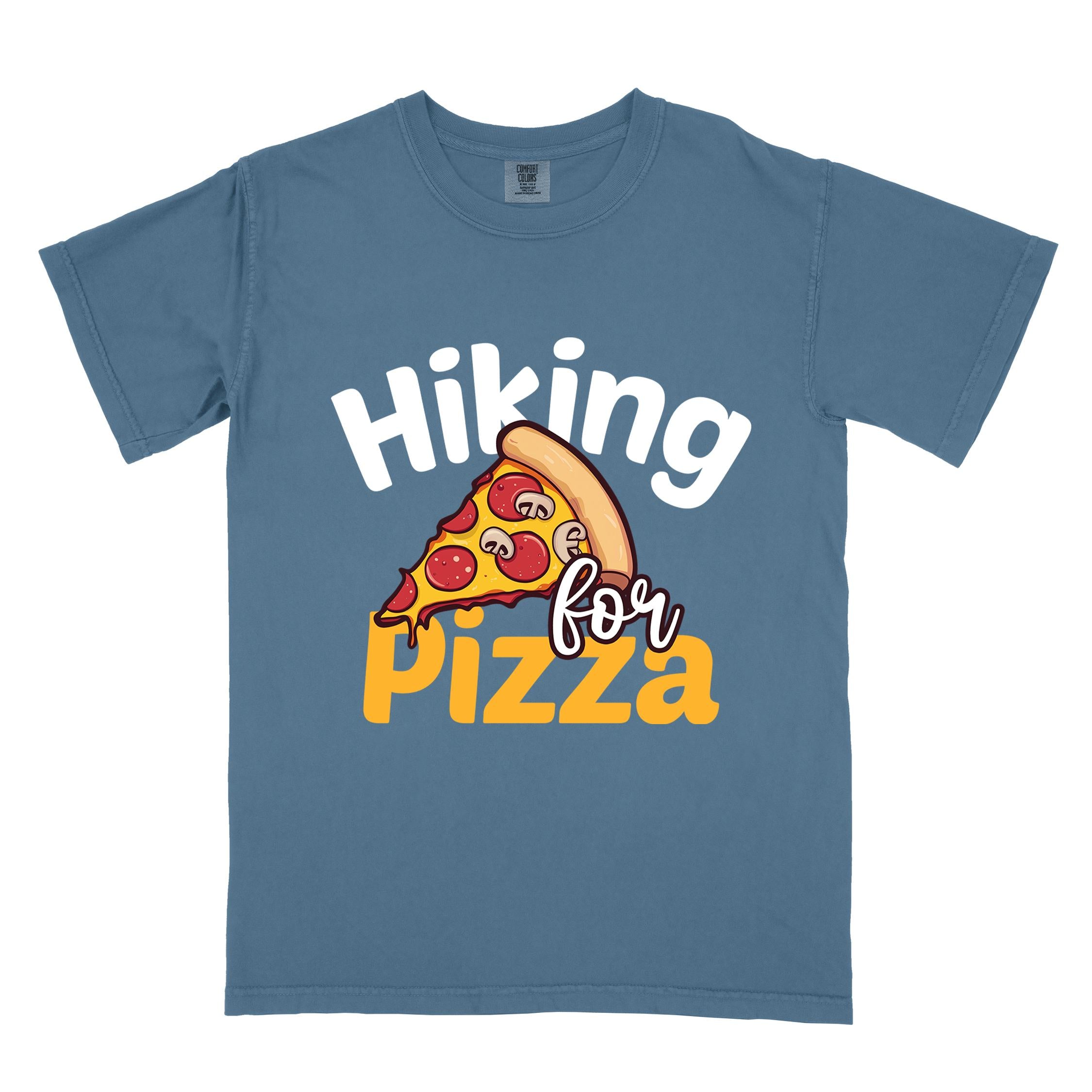 blue jean "Hiking for pizza" colored vintage tee with bold typography, illustrated pizza slice, and backpacker for pizza lover.
