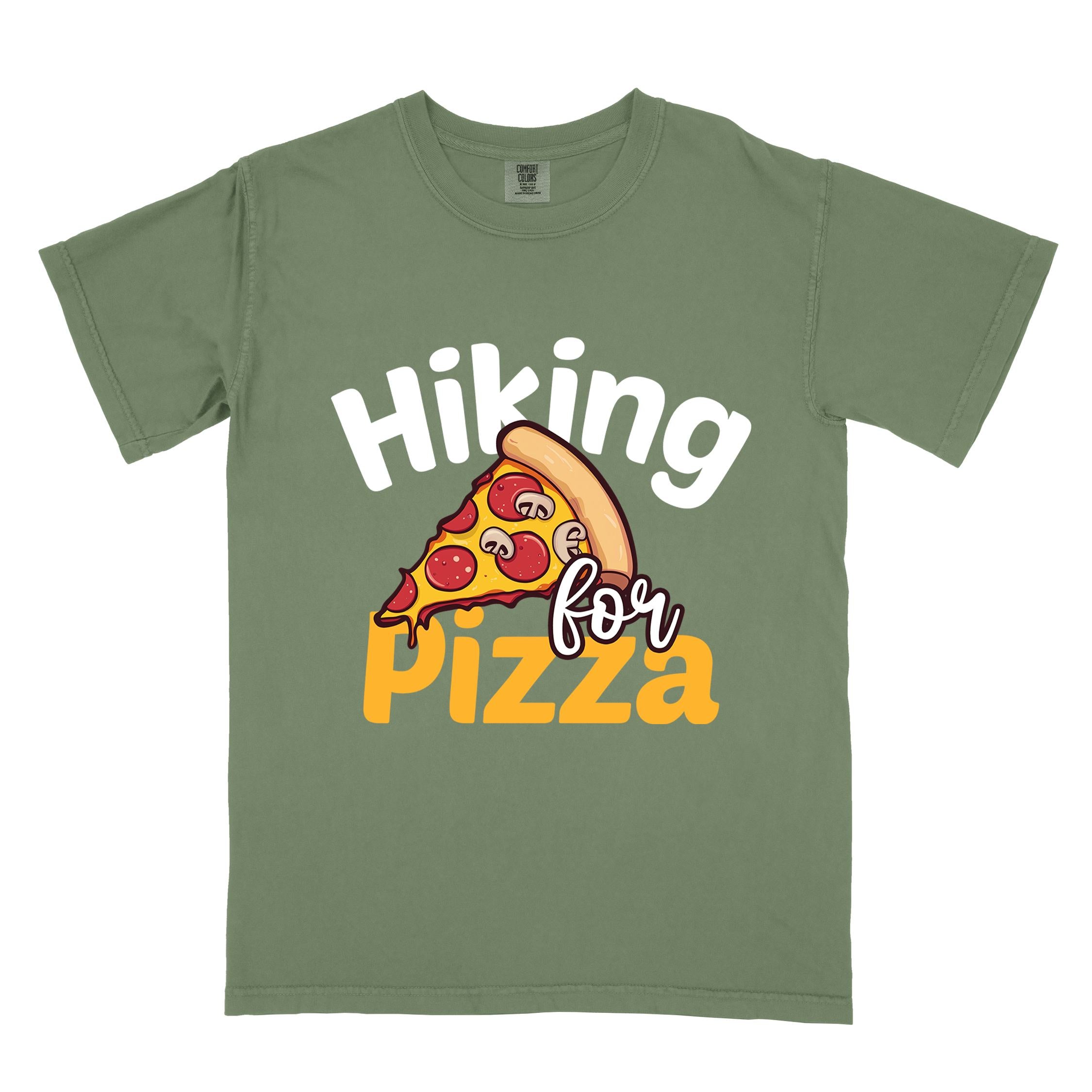 Moss "Hiking for pizza" colored vintage tee with bold typography, illustrated pizza slice, and backpacker for pizza lover.