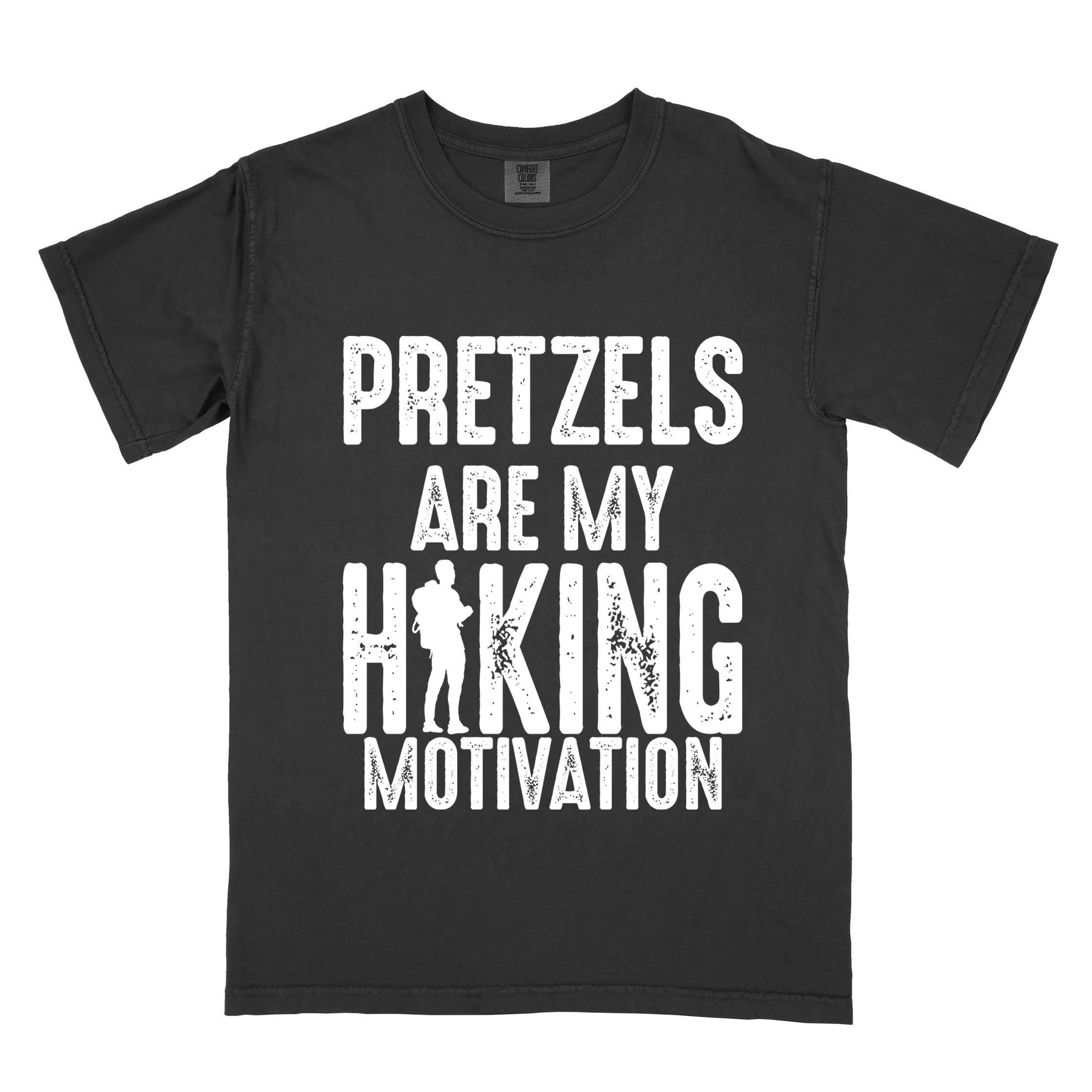 Black "Pretzels are my hiking motivation" colored vintage tee with bold typography, and backpacker for pretzel lovers.