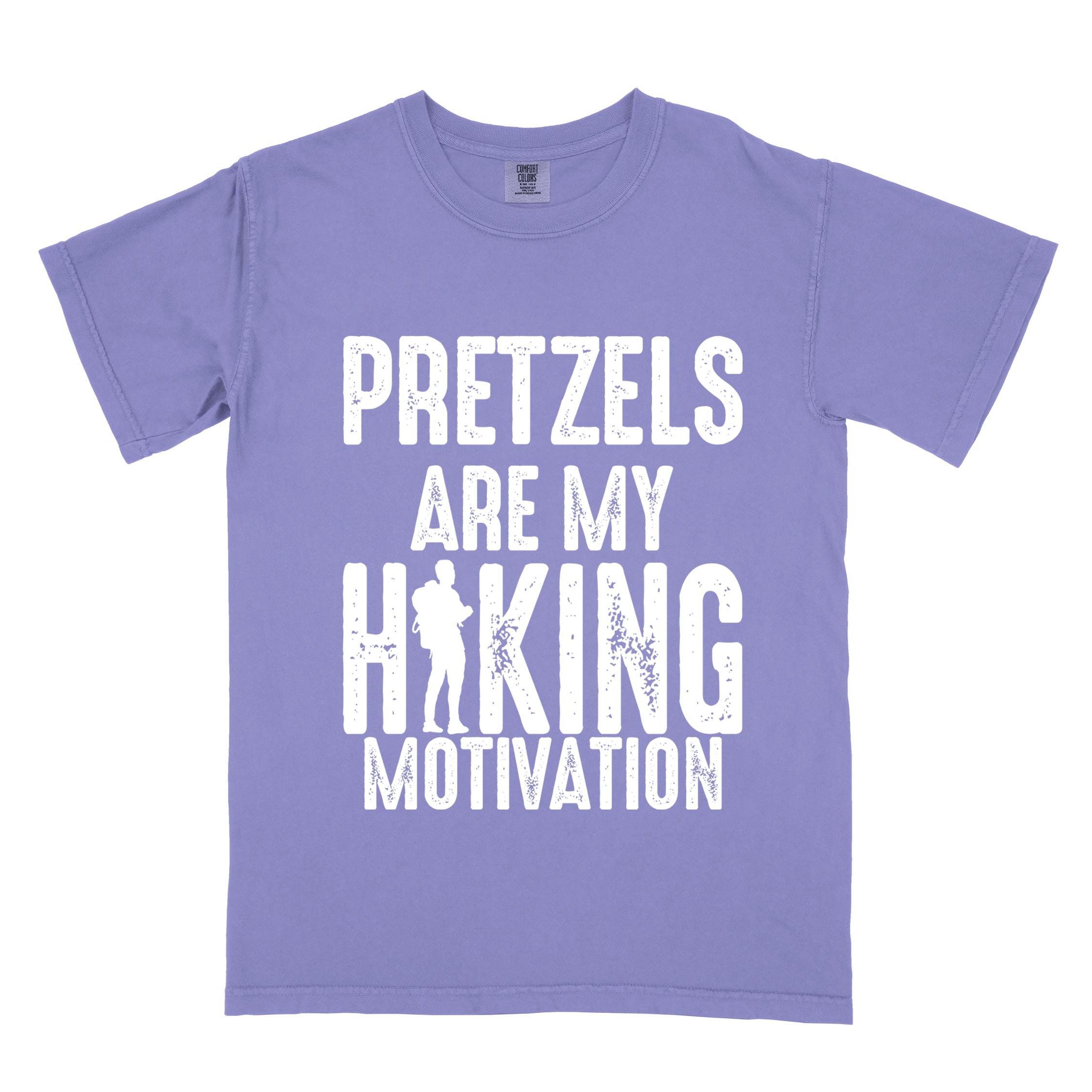 Violet "Pretzels are my hiking motivation" colored vintage tee with bold typography, and backpacker for pretzel lovers.