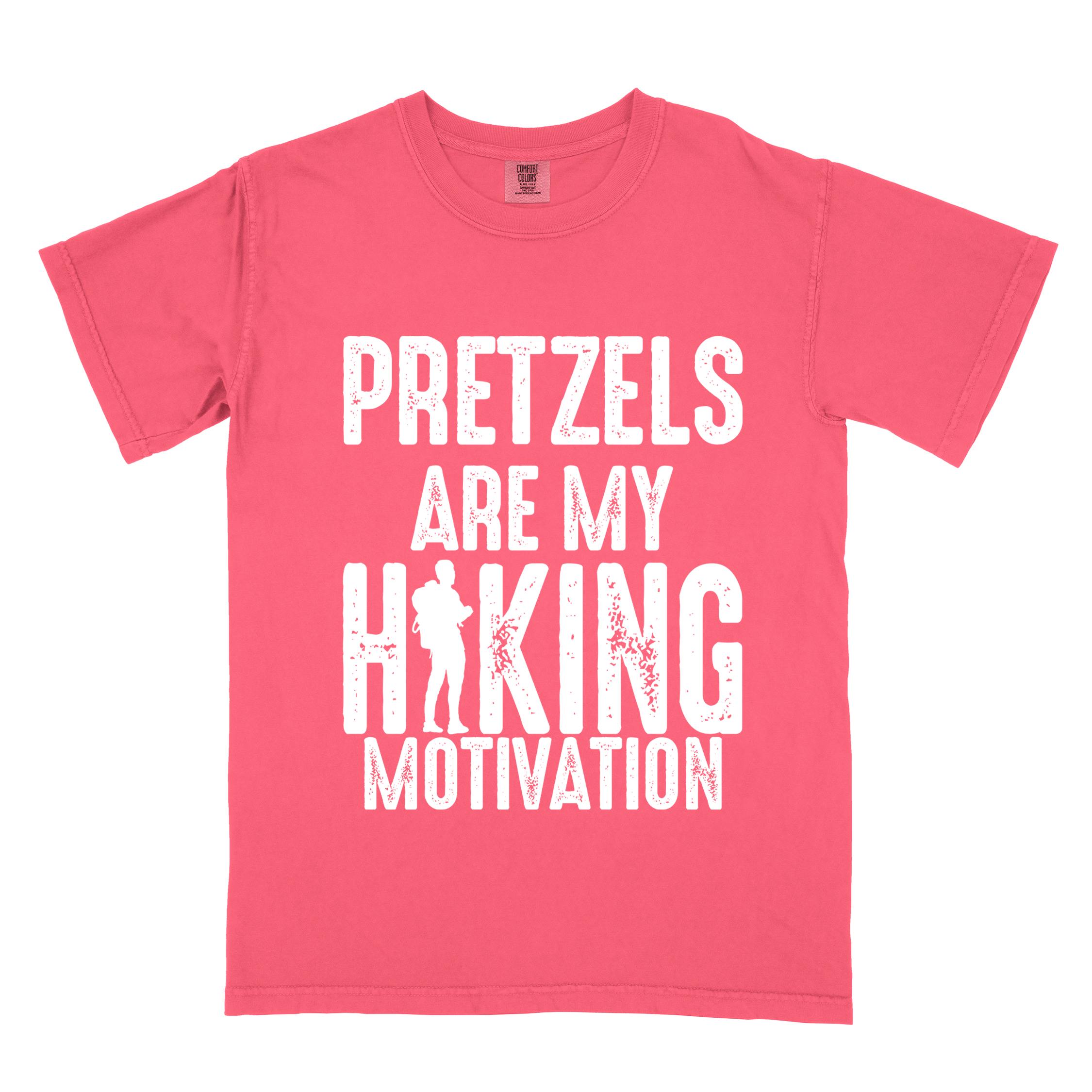 Watermelon "Pretzels are my hiking motivation" colored vintage tee with bold typography, and backpacker for pretzel lovers.