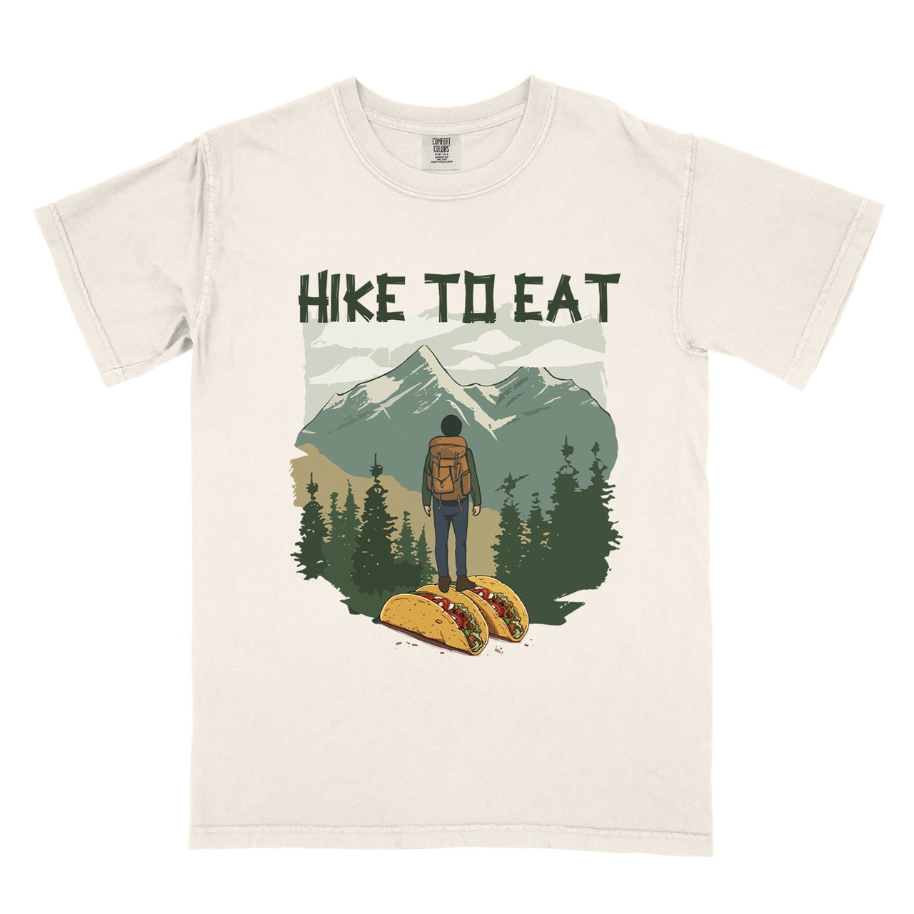 Ivory colored Hike to Eat vintage mountain hiker and taco graphic t-shirt - funny hiking shirt for outdoor adventurers, backpackers, and taco enthusiasts