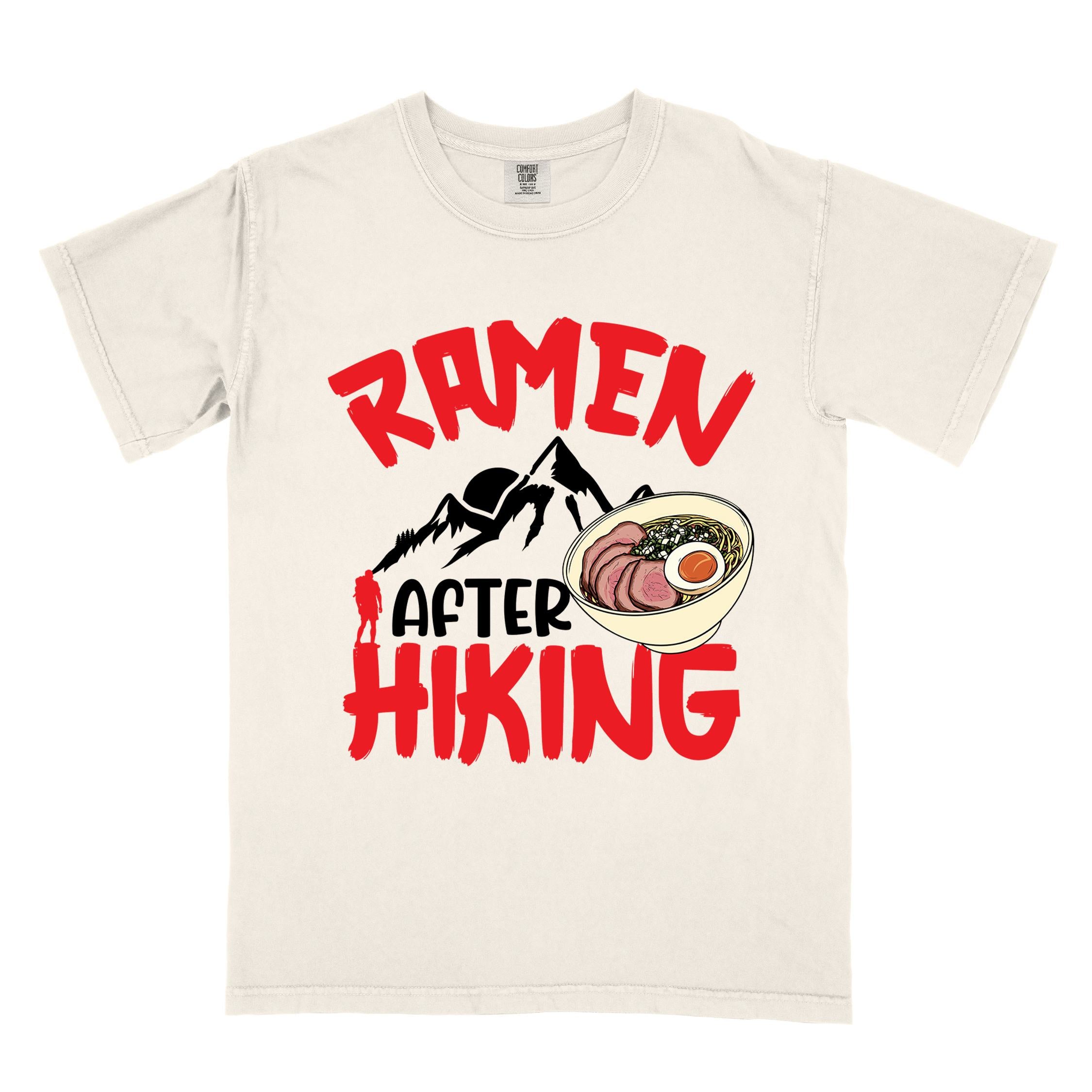 Ivory “Ramen after hiking” colored vintage tee with bold text, mountain, Illustration of hot ramen. Perfect tee for a foodie craving for a bowl of ramen