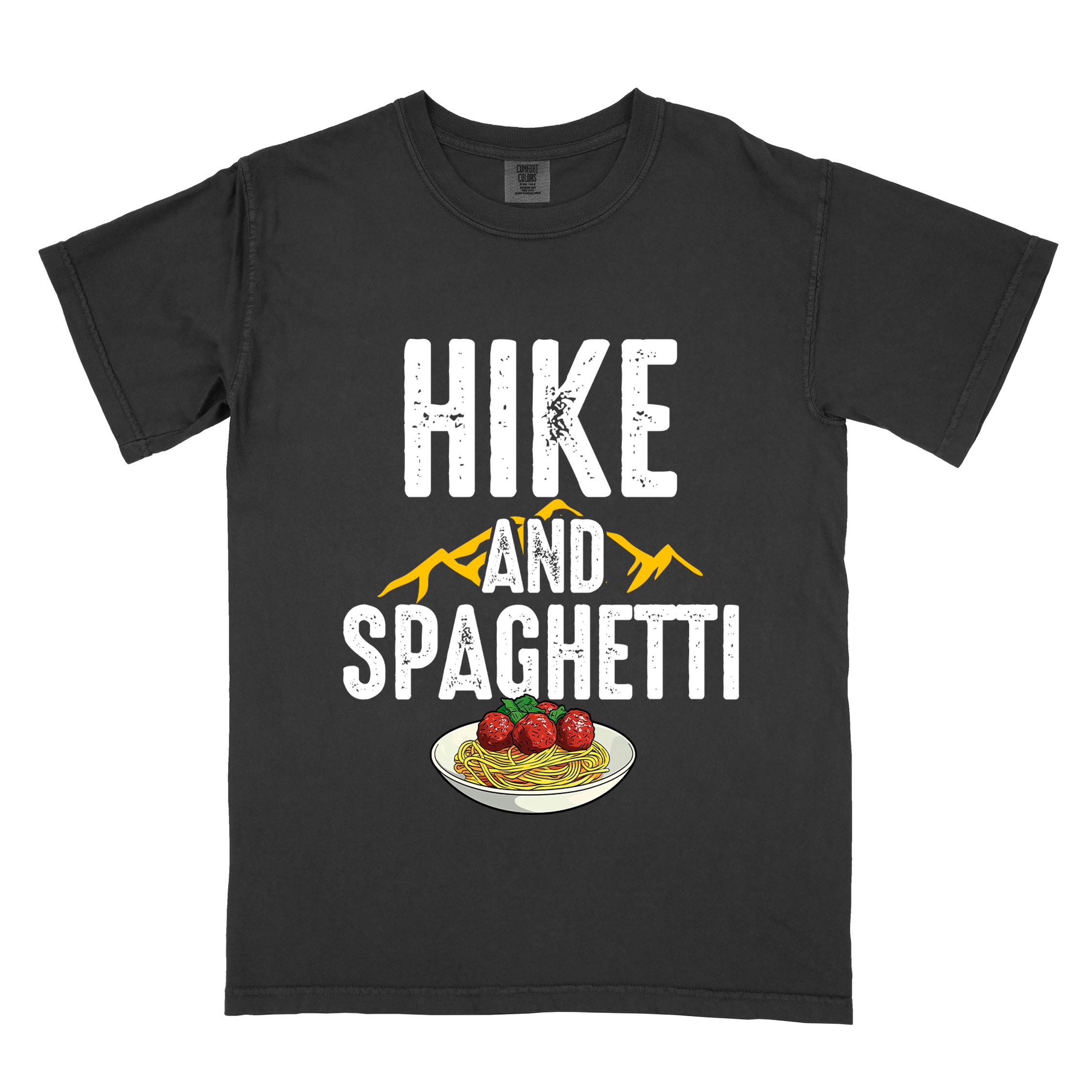 Black "Hike and Spaghetti" colored vintage tee with bold typography, birds, mountains, illustrated plate of spaghetti and meatballs, and backpacker for pasta lovers.