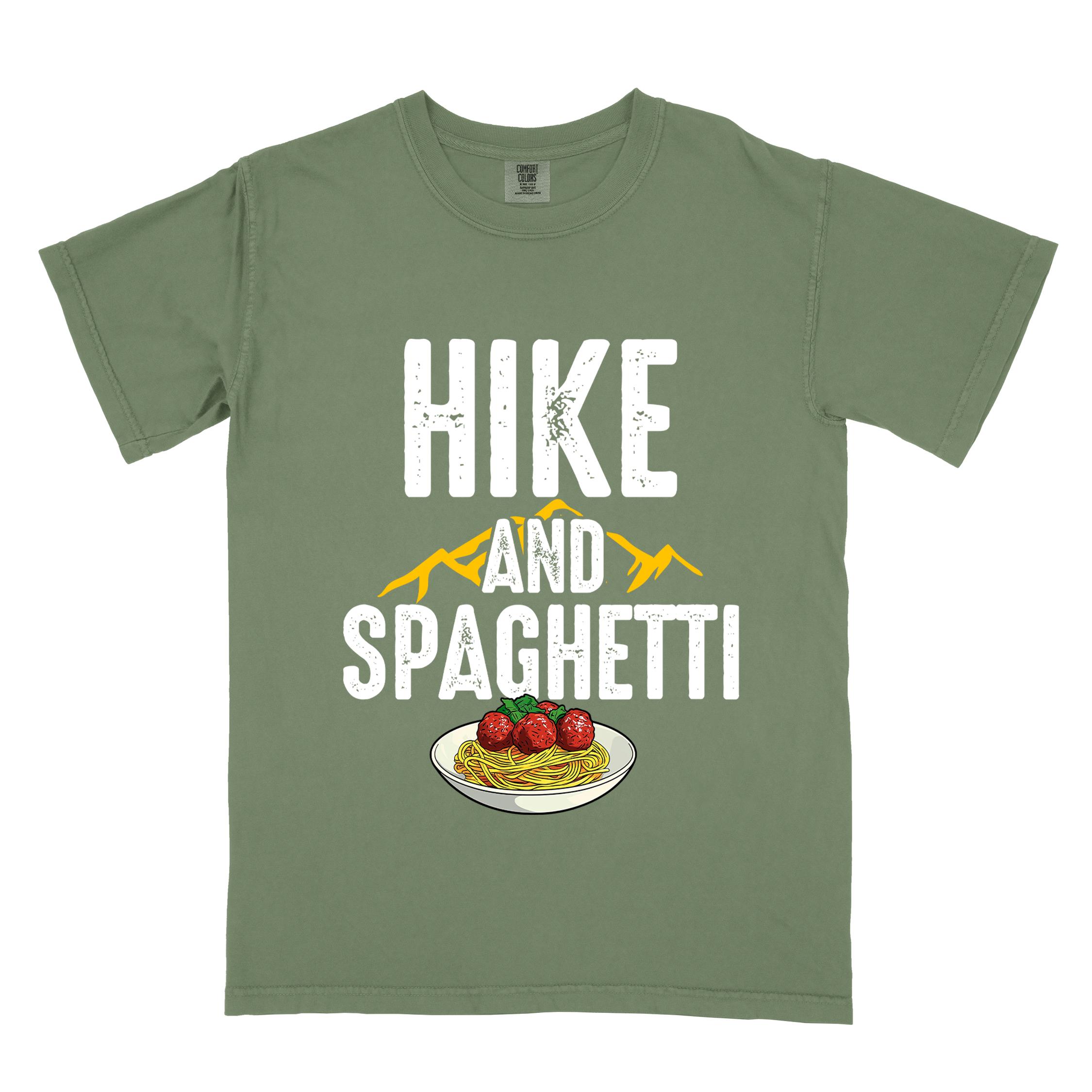 Moss "Hike and Spaghetti" colored vintage tee with bold typography, birds, mountains, illustrated plate of spaghetti and meatballs, and backpacker for pasta lovers.
