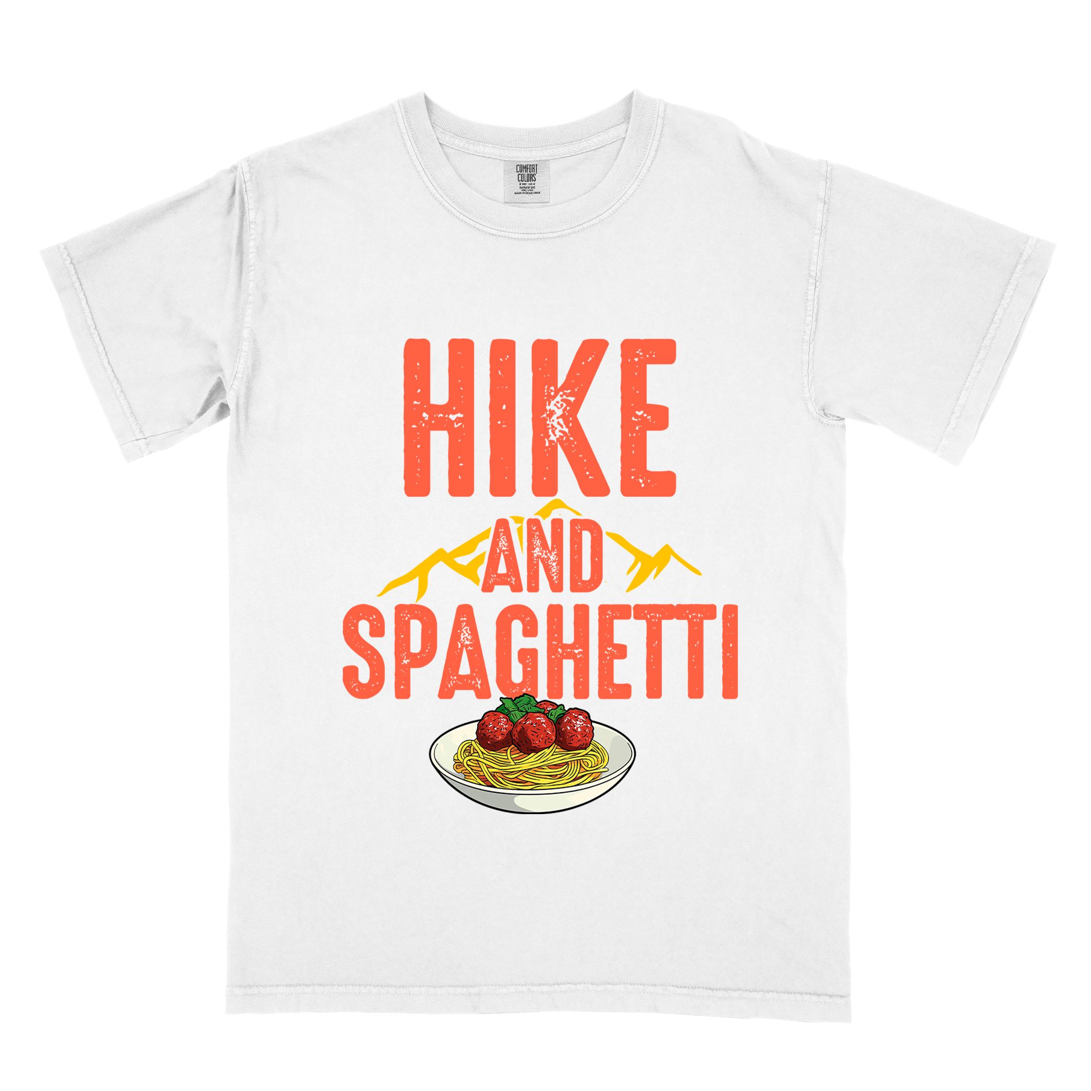 White "Hike and Spaghetti" colored vintage tee with bold typography, birds, mountains, illustrated plate of spaghetti and meatballs, and backpacker for pasta lovers.