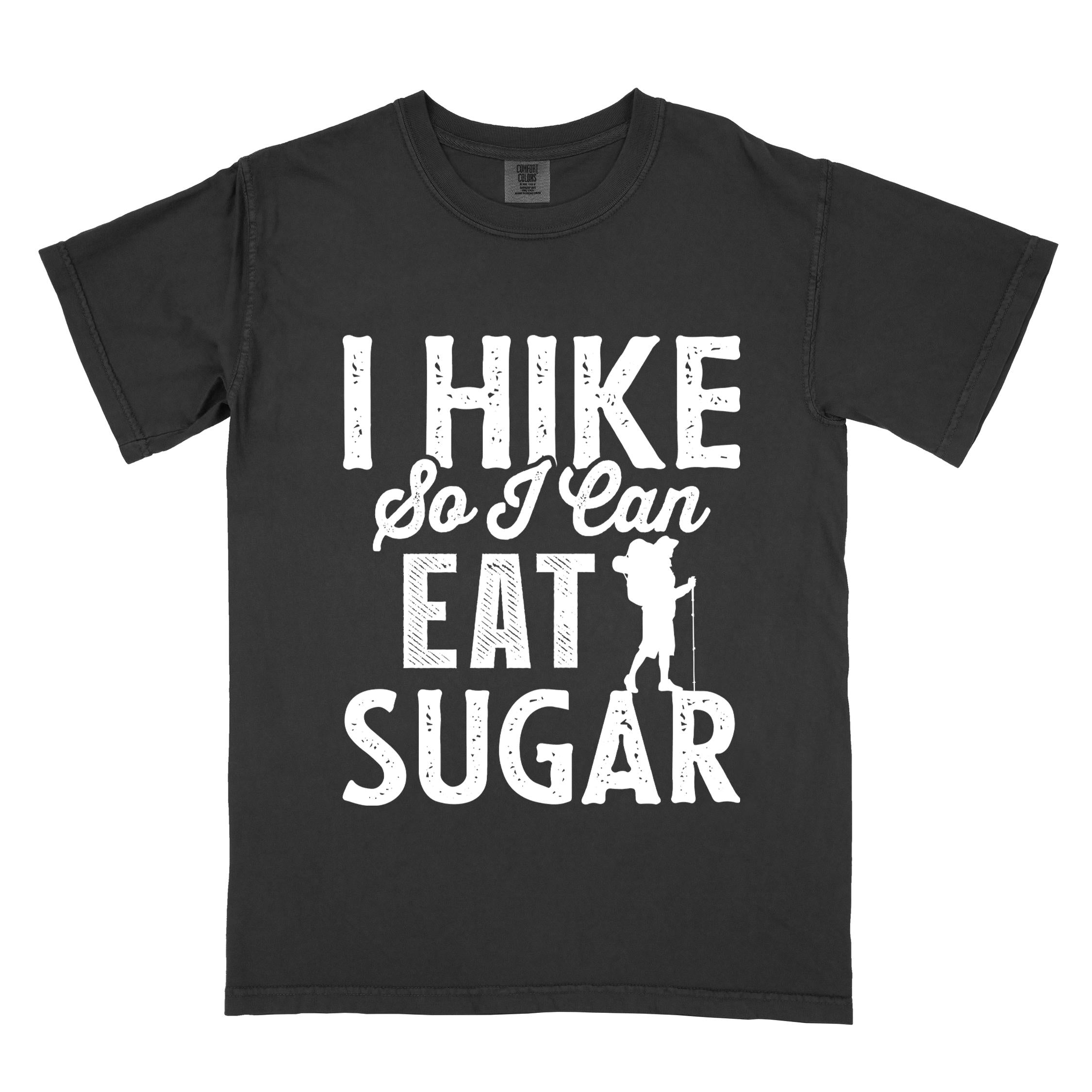 Black "I hike so I can eat sugar" colored vintage tee with bold typography, and backpacker with a sweet tooth.