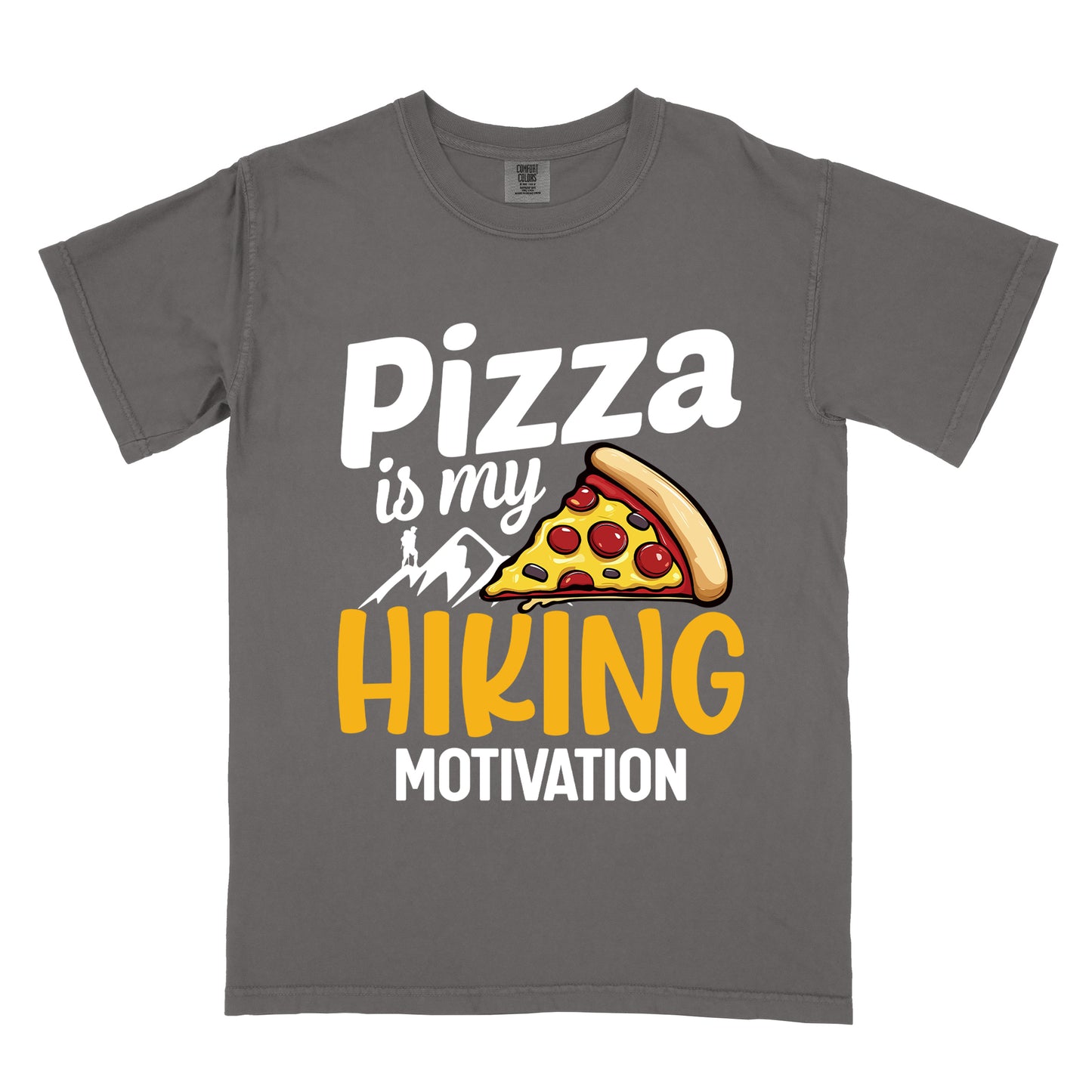 Pepper (Dark Gray) t-shirt with white and yellow text reading "Pizza is my HIKING MOTIVATION". "Pizza" appears in large white letters at the top, "is my" in smaller white script, "HIKING" in yellow at the bottom, and "MOTIVATION" in white. Features a colorful pizza slice with pepperoni toppings, white mountain silhouettes with a small hiker figure on a peak. The design humorously connects pizza as the incentive for hiking activities.