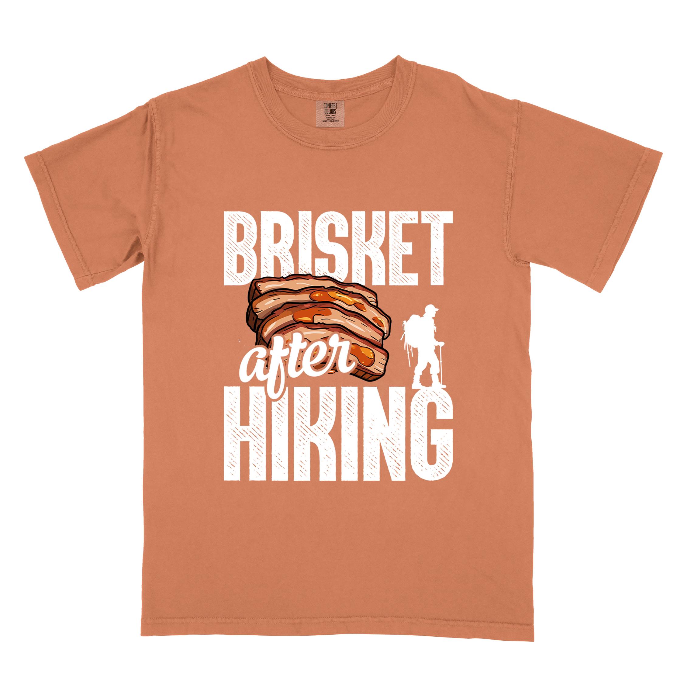 Yam "Brisket after hiking" colored vintage tee with bold typography, birds, mountains, illustrated bbq beef brisket, and backpacker for bbq lovers.