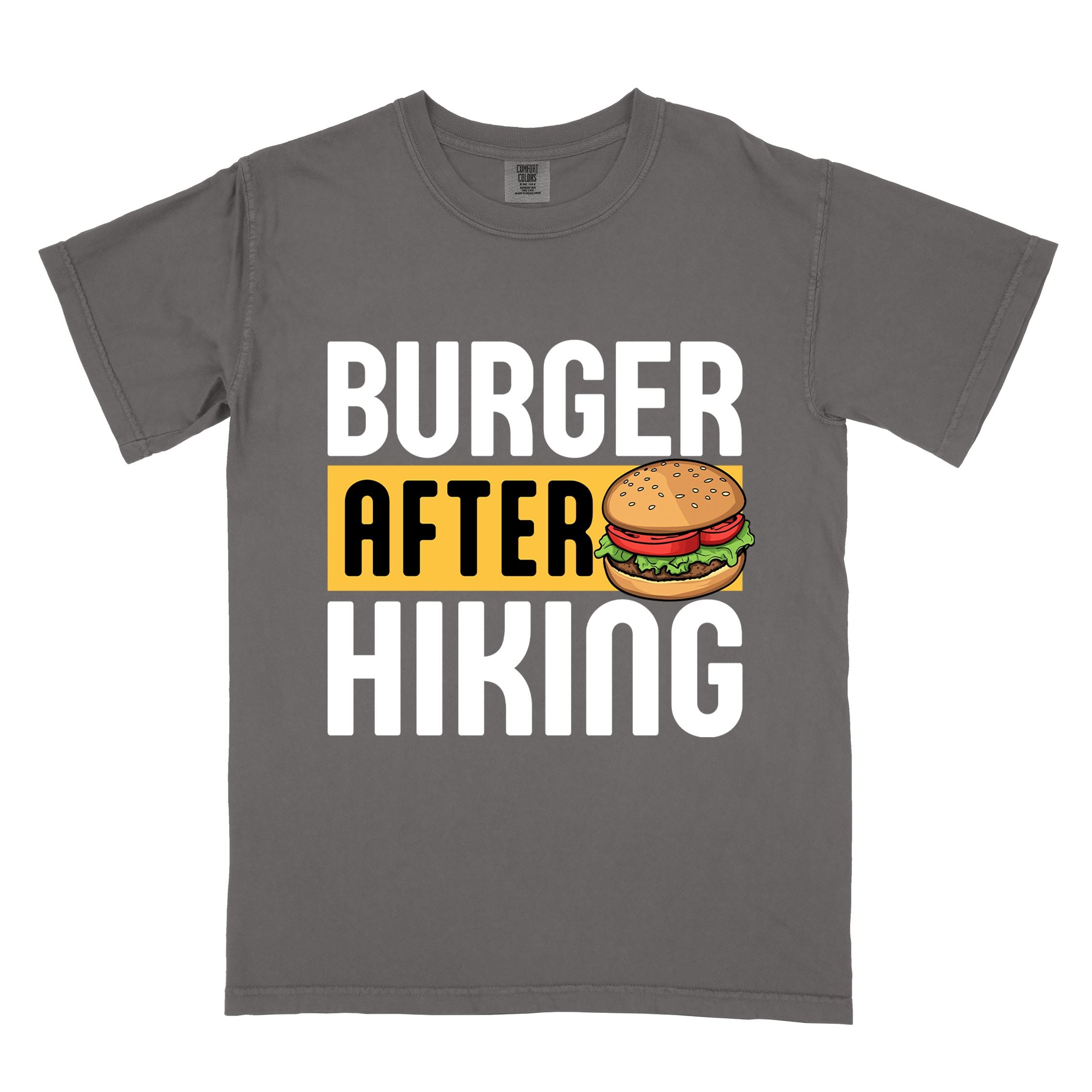 Pepper "Burger after Hiking" colored vintage tee with bold typography, birds, mountains, illustrated juicy hamburger, and backpacker for burger enthusiasts.