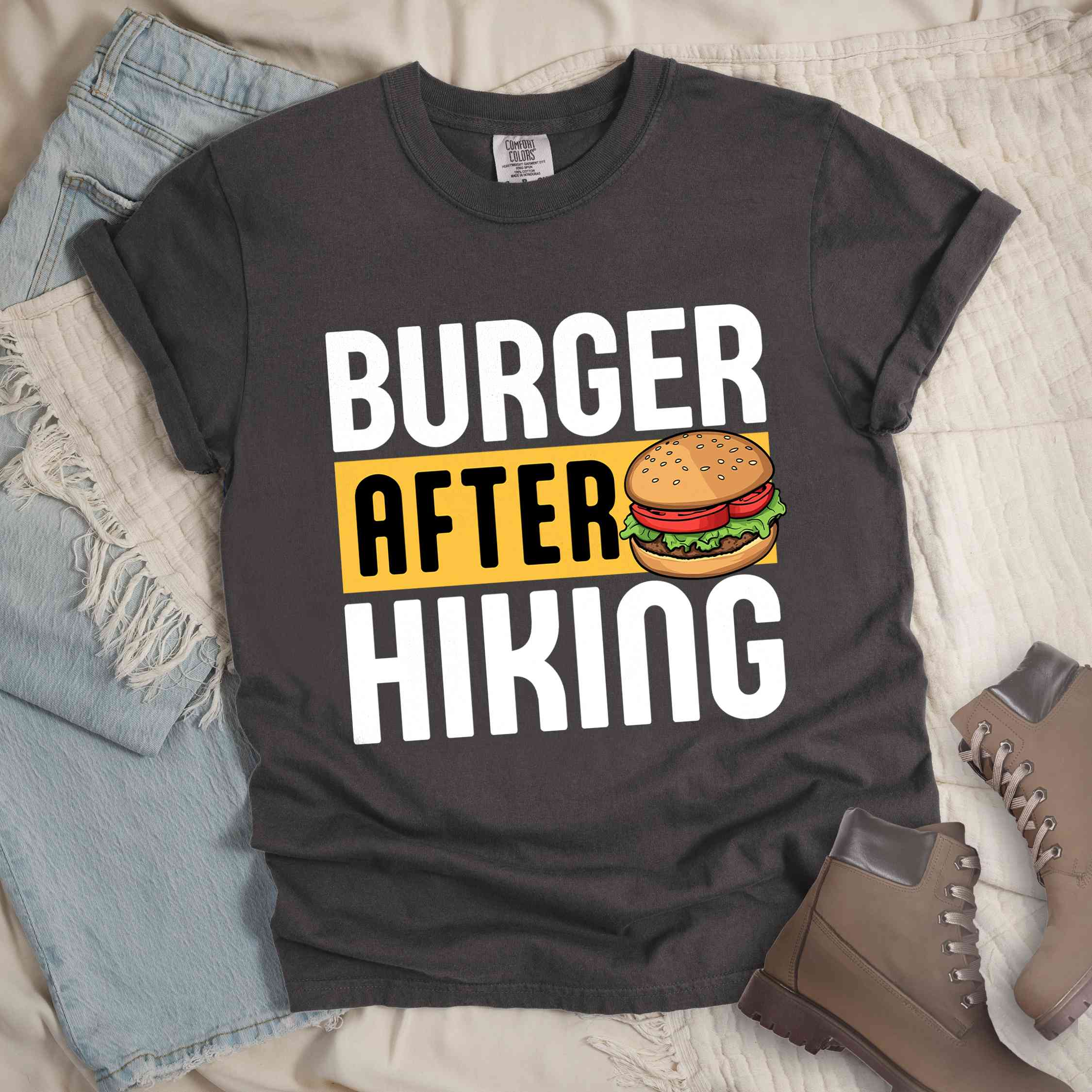 Pepper "Burger after Hiking" colored vintage tee with bold typography, birds, mountains, illustrated juicy hamburger, and backpacker for burger enthusiasts.