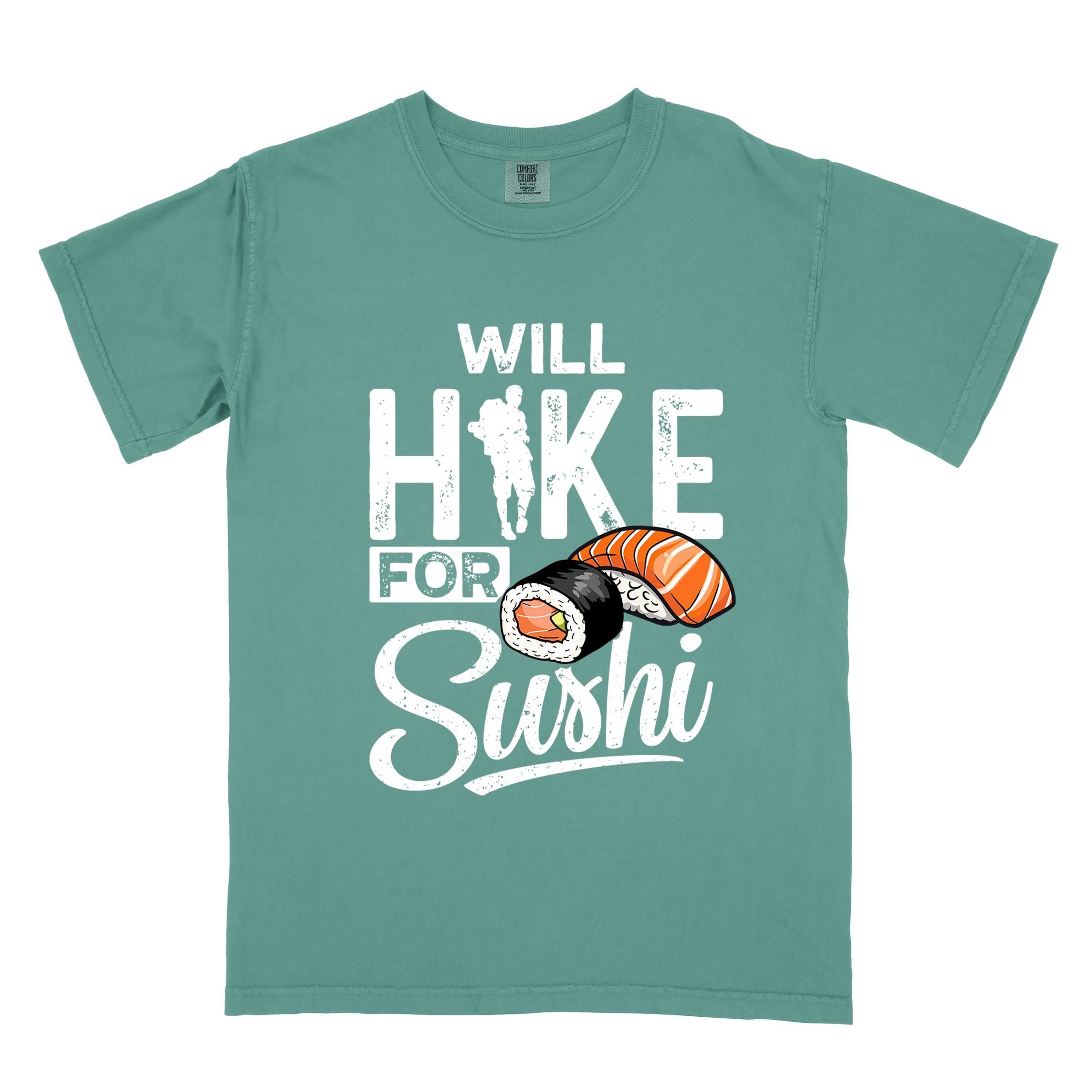 Light green "Will hike for sushi" colored vintage tee with bold typography, birds, mountains, illustrated sushi platter, and backpacker for sushi lovers.