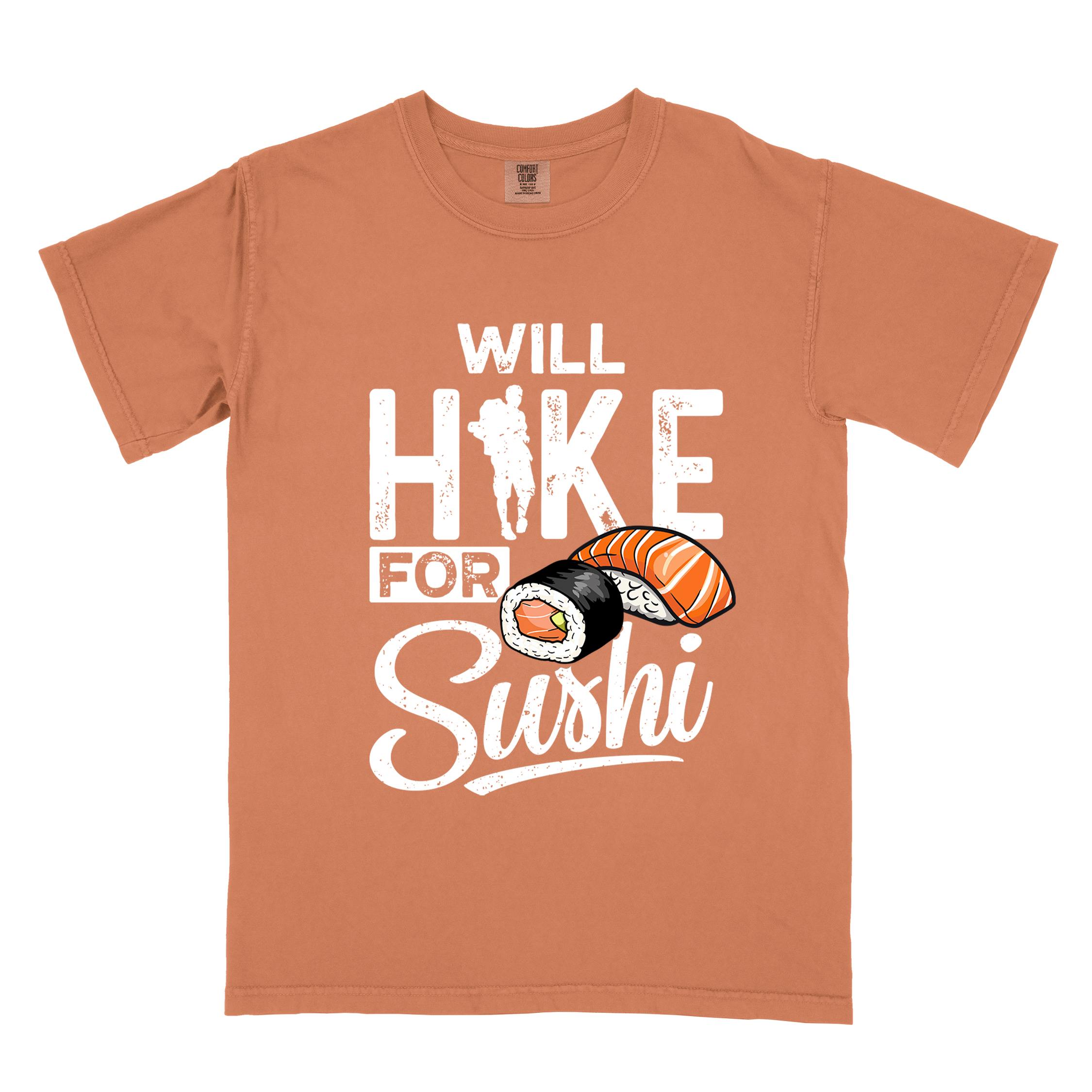 Yam "Will hike for sushi" colored vintage tee with bold typography, birds, mountains, illustrated sushi platter, and backpacker for sushi lovers.