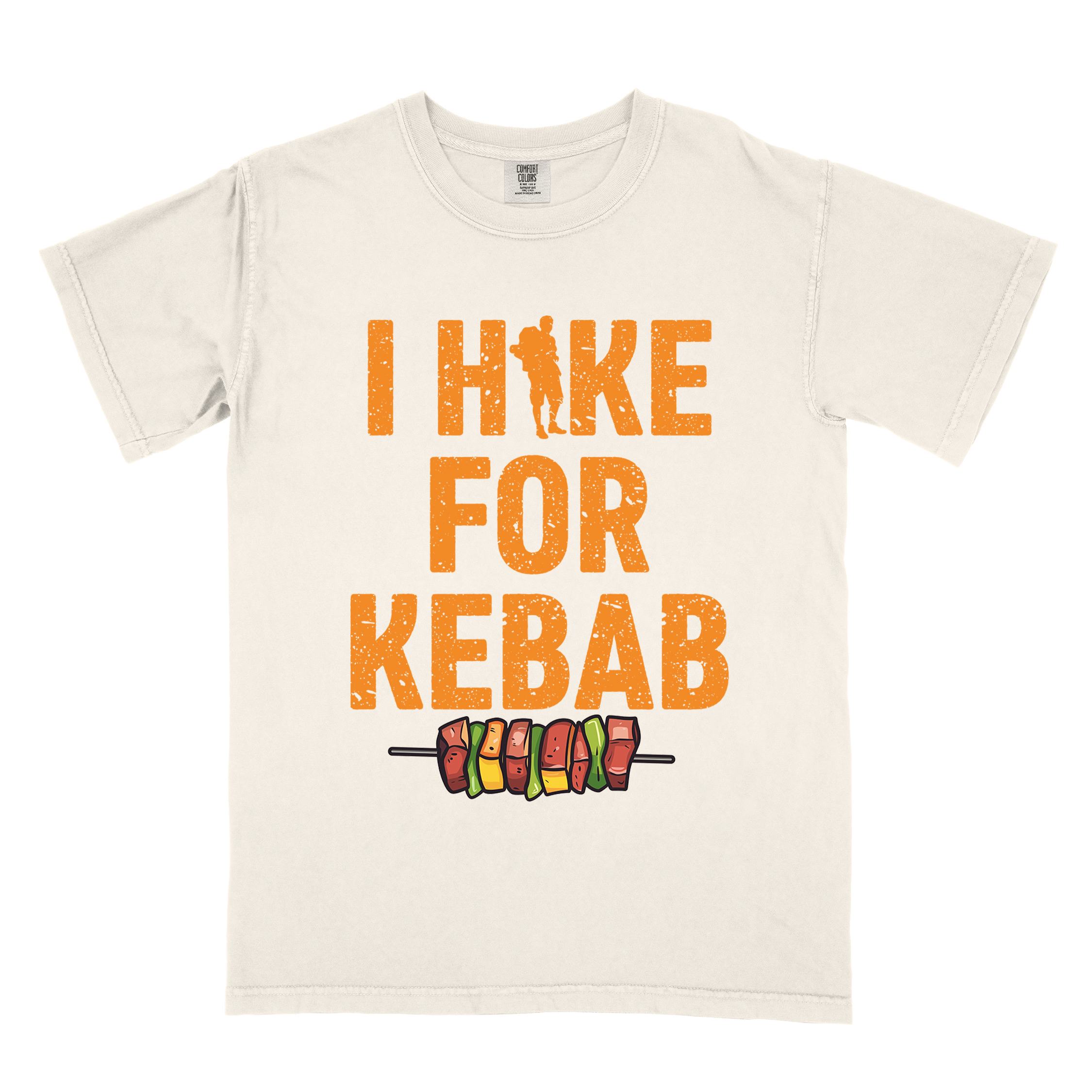 Ivory "I hike for kebab" colored vintage tee with bold typography illustrated grilled kebabt, and backpacker for kebab lovers.