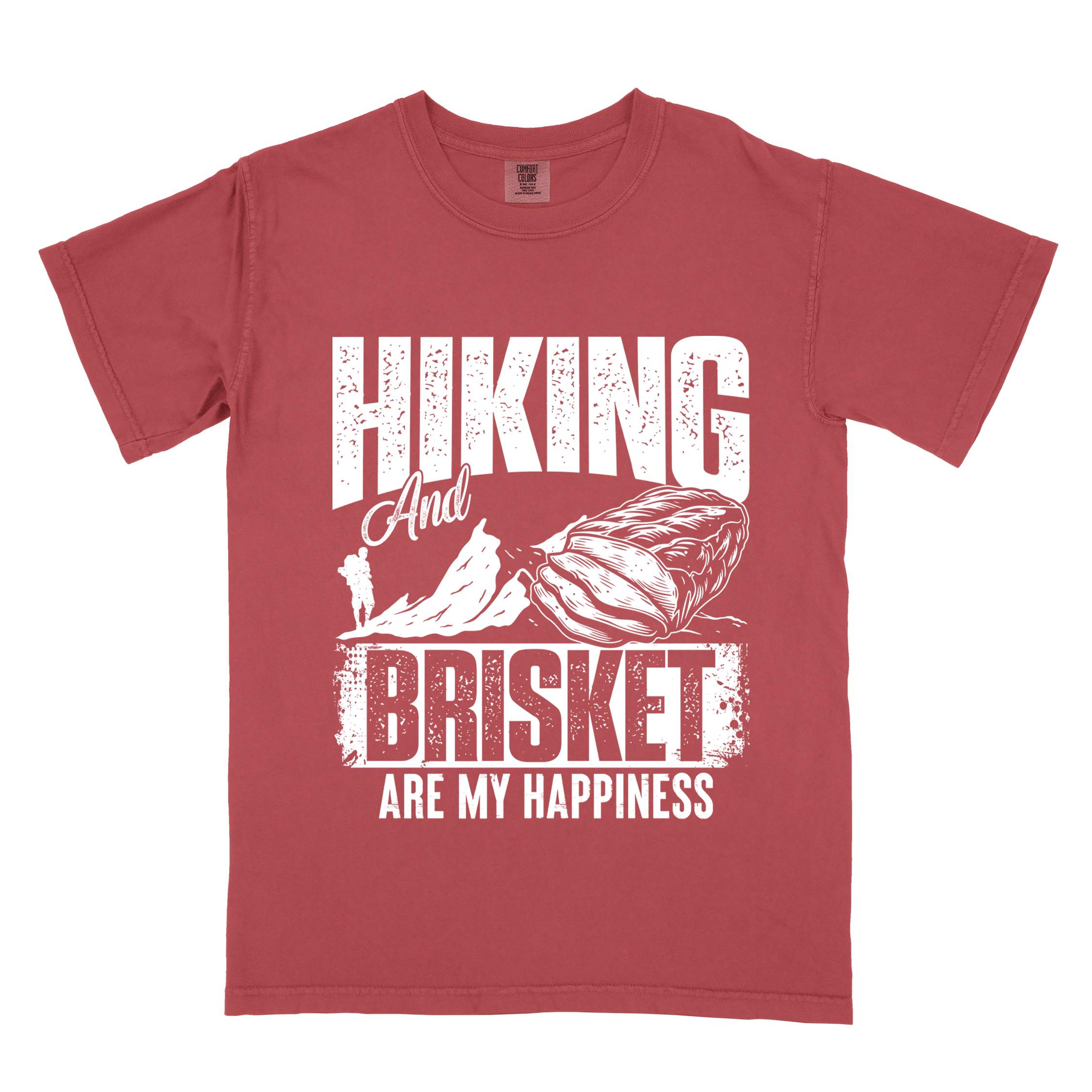 Crimson "hiking and brisket are my happiness" colored vintage tee with bold typography, birds, mountains, illustrated bbq beef brisket, and backpacker for bbq lovers.