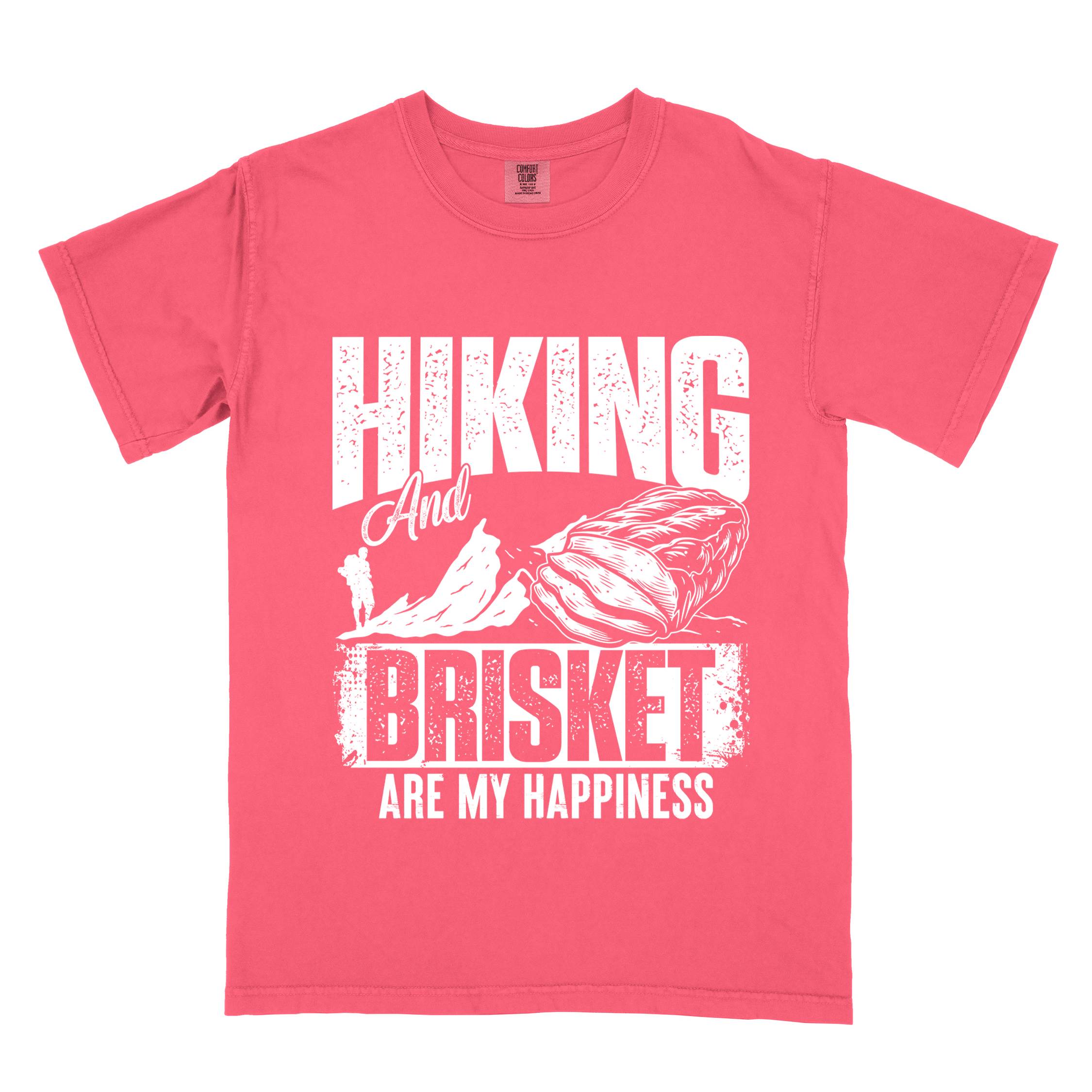 Watermelon "hiking and brisket are my happiness" colored vintage tee with bold typography, birds, mountains, illustrated bbq beef brisket, and backpacker for bbq lovers.
