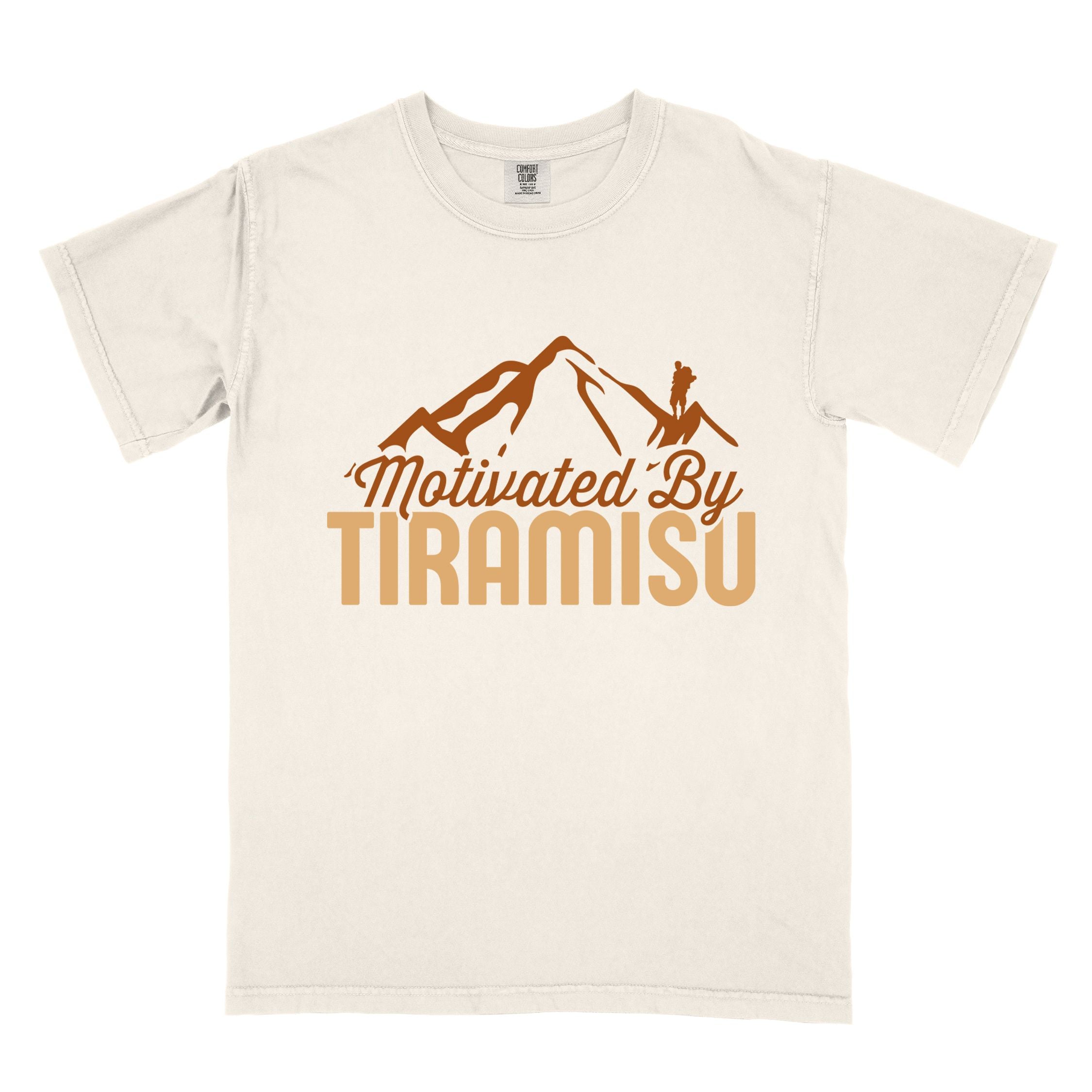 Ivory "Motivated by Tiramisu" colored vintage tee with bold typography, mountains, and backpackers with a sweet tooth.