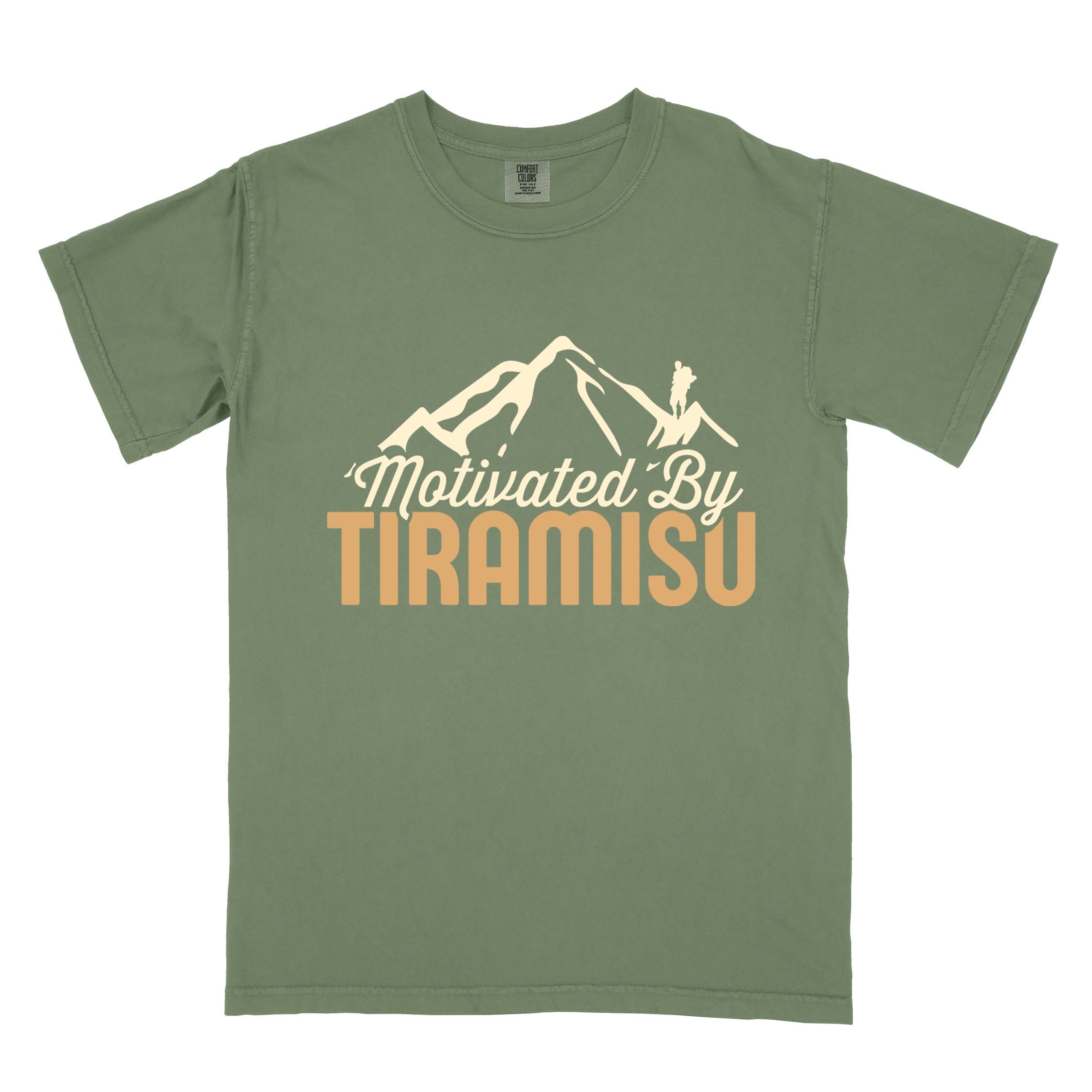 Moss "Motivated by Tiramisu" colored vintage tee with bold typography, mountains, and backpackers with a sweet tooth.