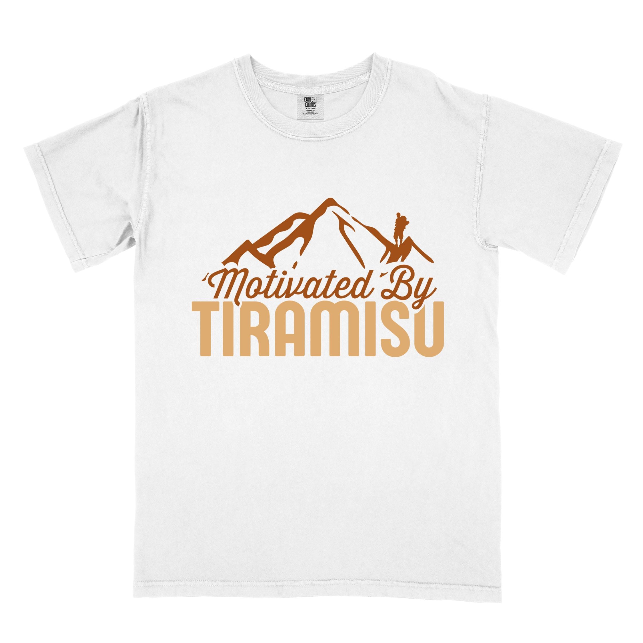 White "Motivated by Tiramisu" colored vintage tee with bold typography, mountains, and backpackers with a sweet tooth.