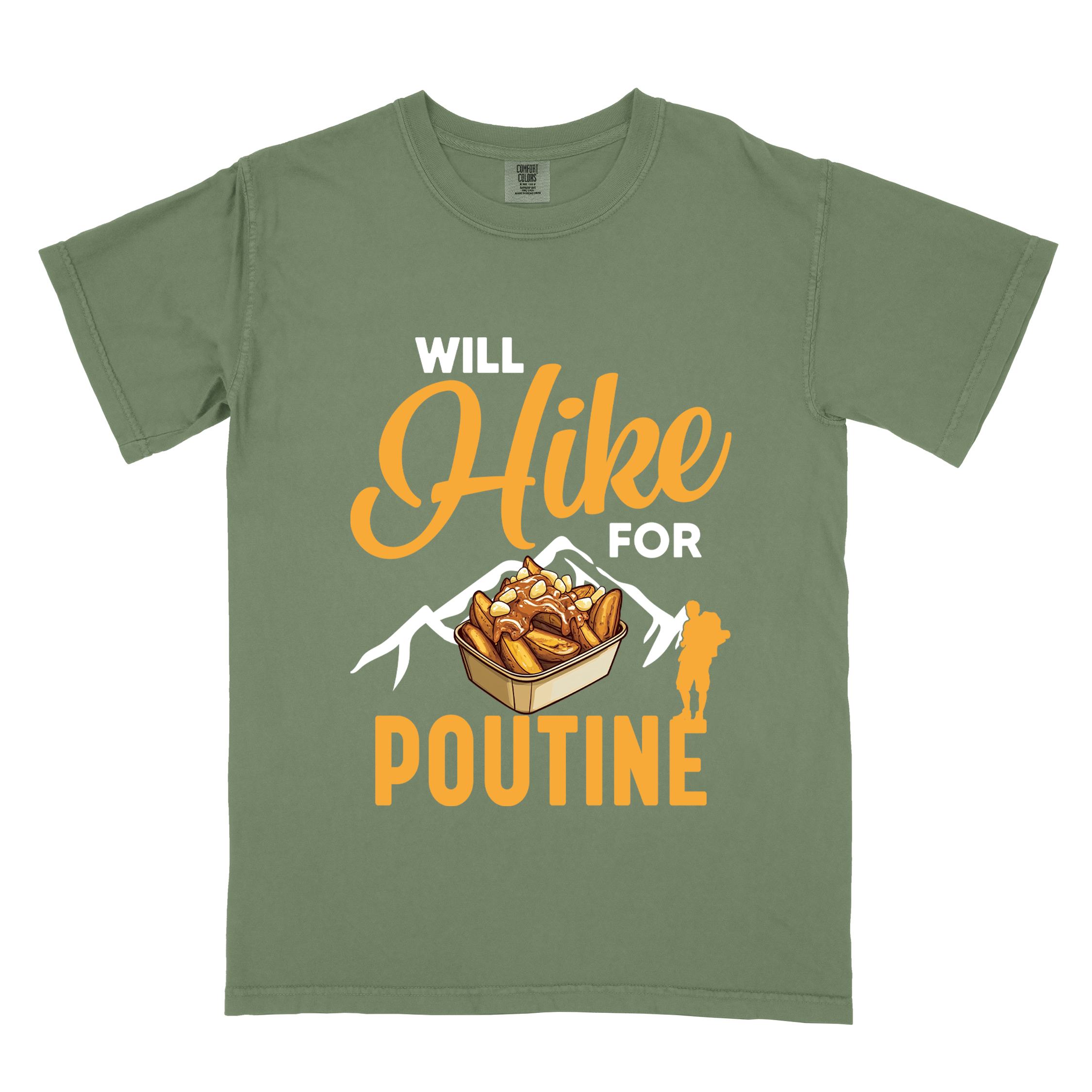 Moss "Will hike for poutine" colored vintage tee with bold typography, mountains, illustrated a serving of poutine and backpackers looking for comfort food.