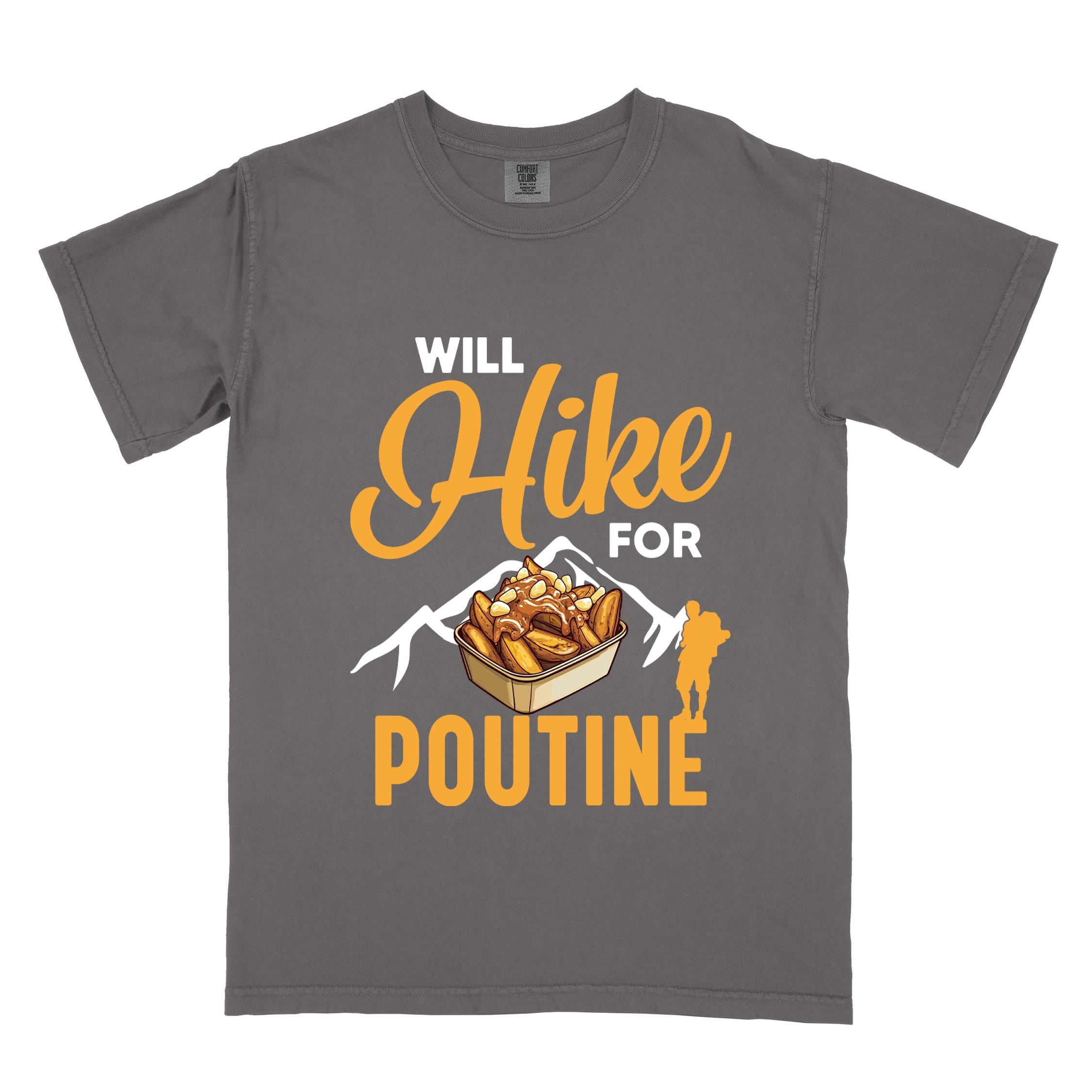 Pepper "Will hike for poutine" colored vintage tee with bold typography, mountains, illustrated a serving of poutine and backpackers looking for comfort food.