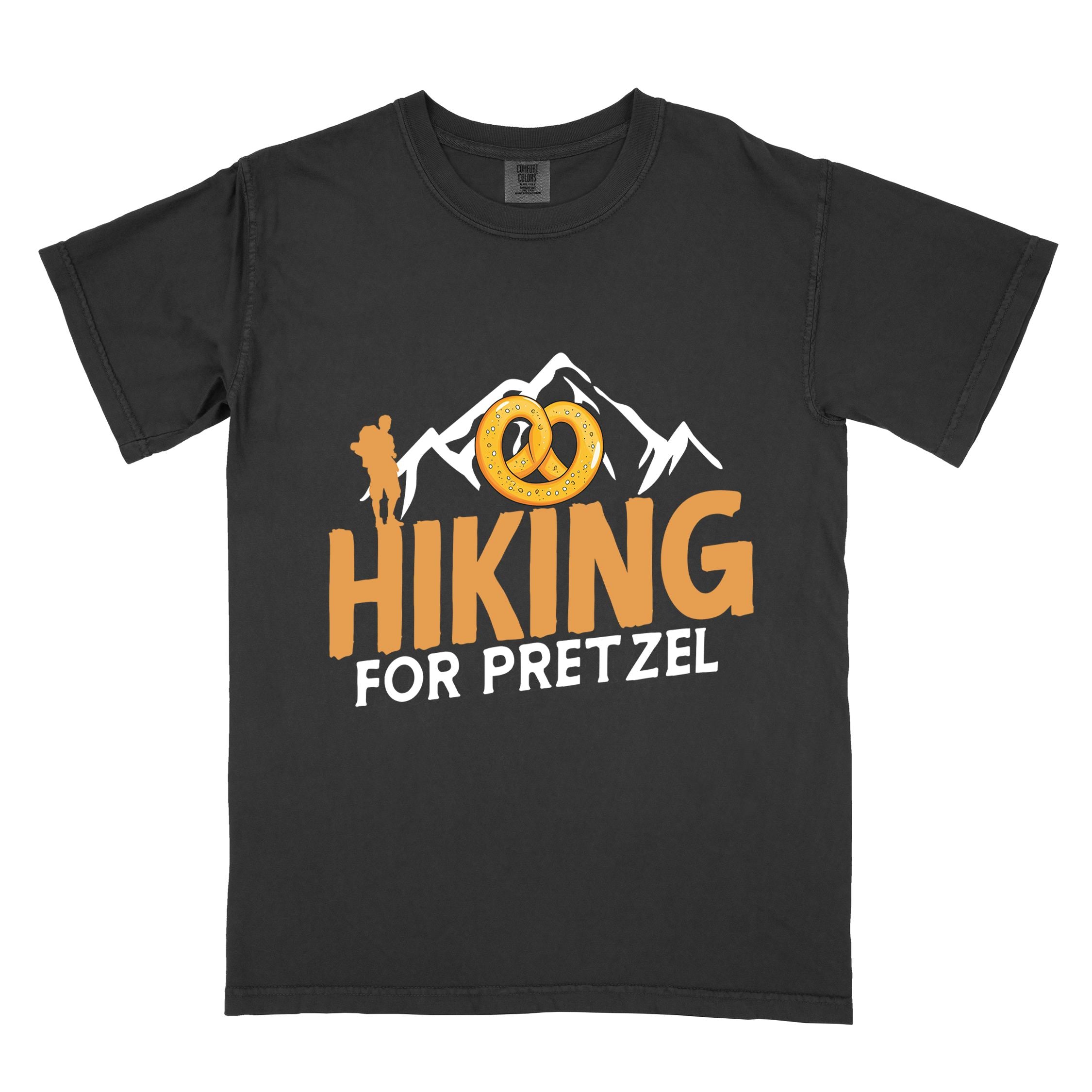 Black "Hiking for pretzel" colored vintage tee with bold typography, mountains, birds, and illustrated pretzel for baked pretzel lovers