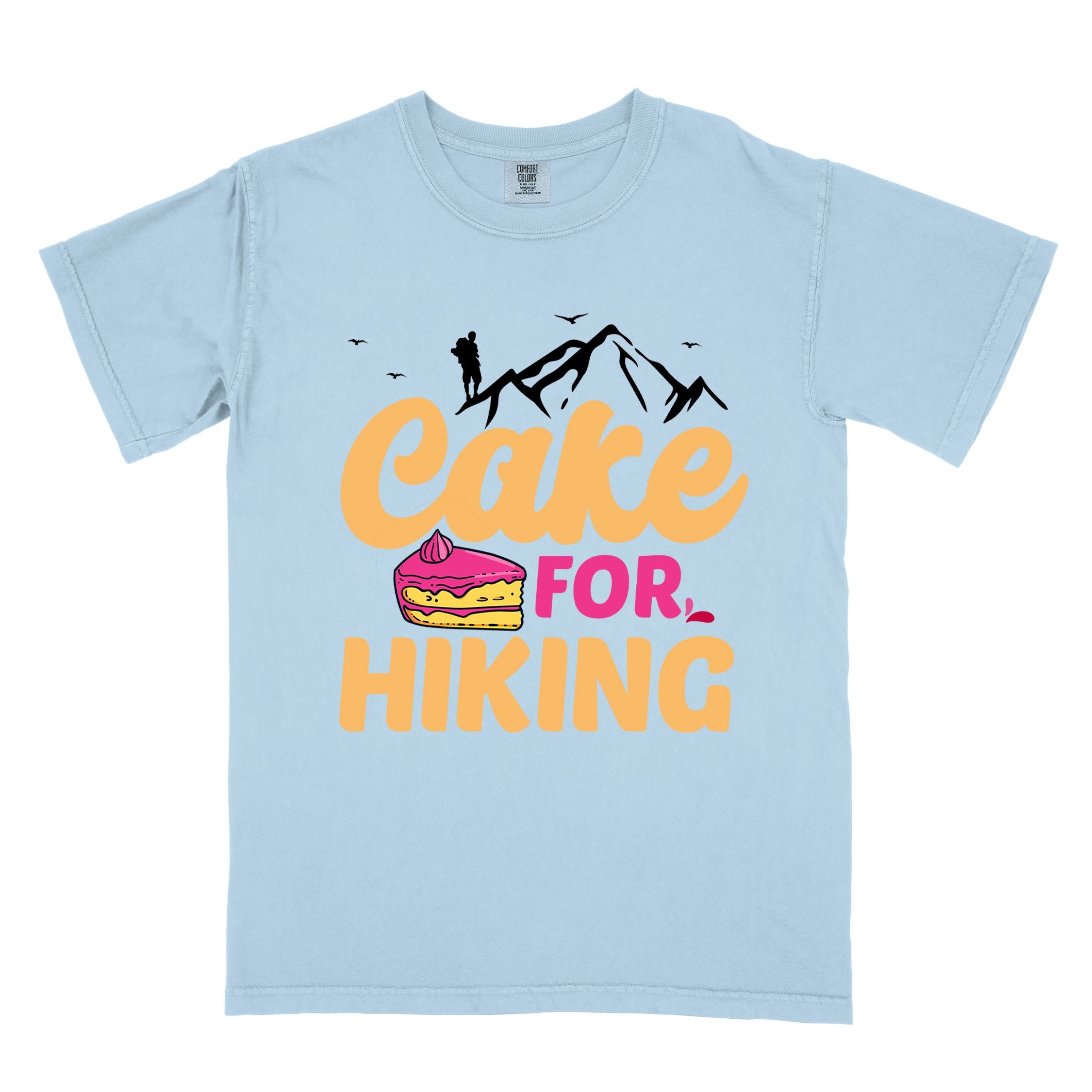 Chambray "Cake for Hiking" colored vintage tee with bold typography, mountains, illustrated a slice of cake, and backpackers with a sweet tooth.