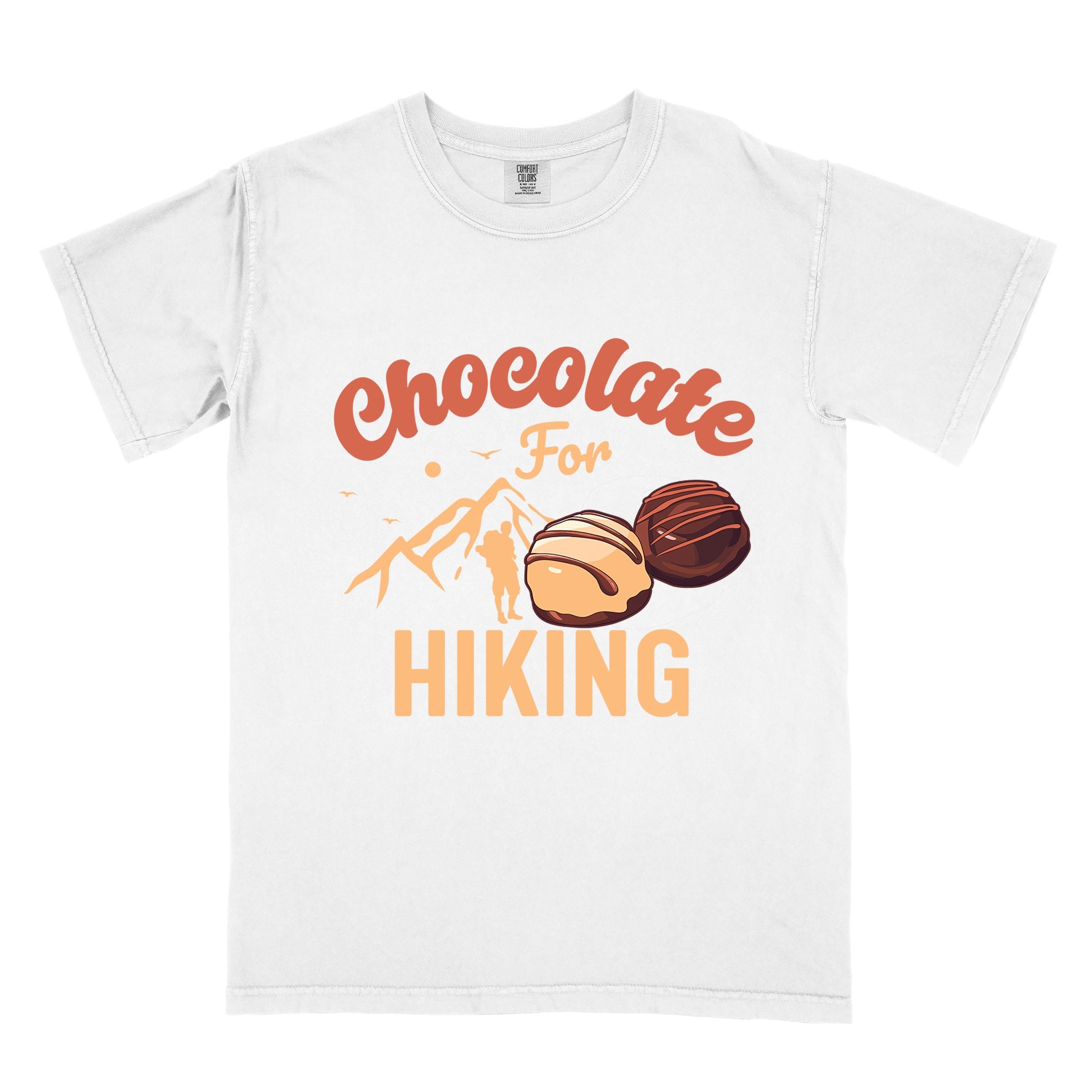 white "Chocolate for Hiking" colored vintage tee with bold typography, mountains, illustrated chocolate candies, and backpackers with a sweet tooth.