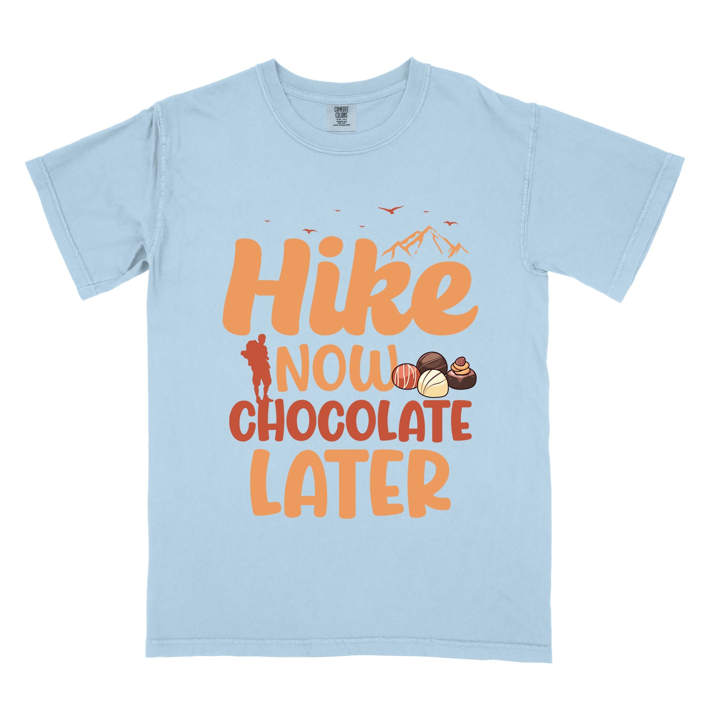 Chambray "Hike now chocolate later" colored vintage tee with bold typography, mountains, illustrated a serving of Tiramisu, and perfect for chocolate lovers.