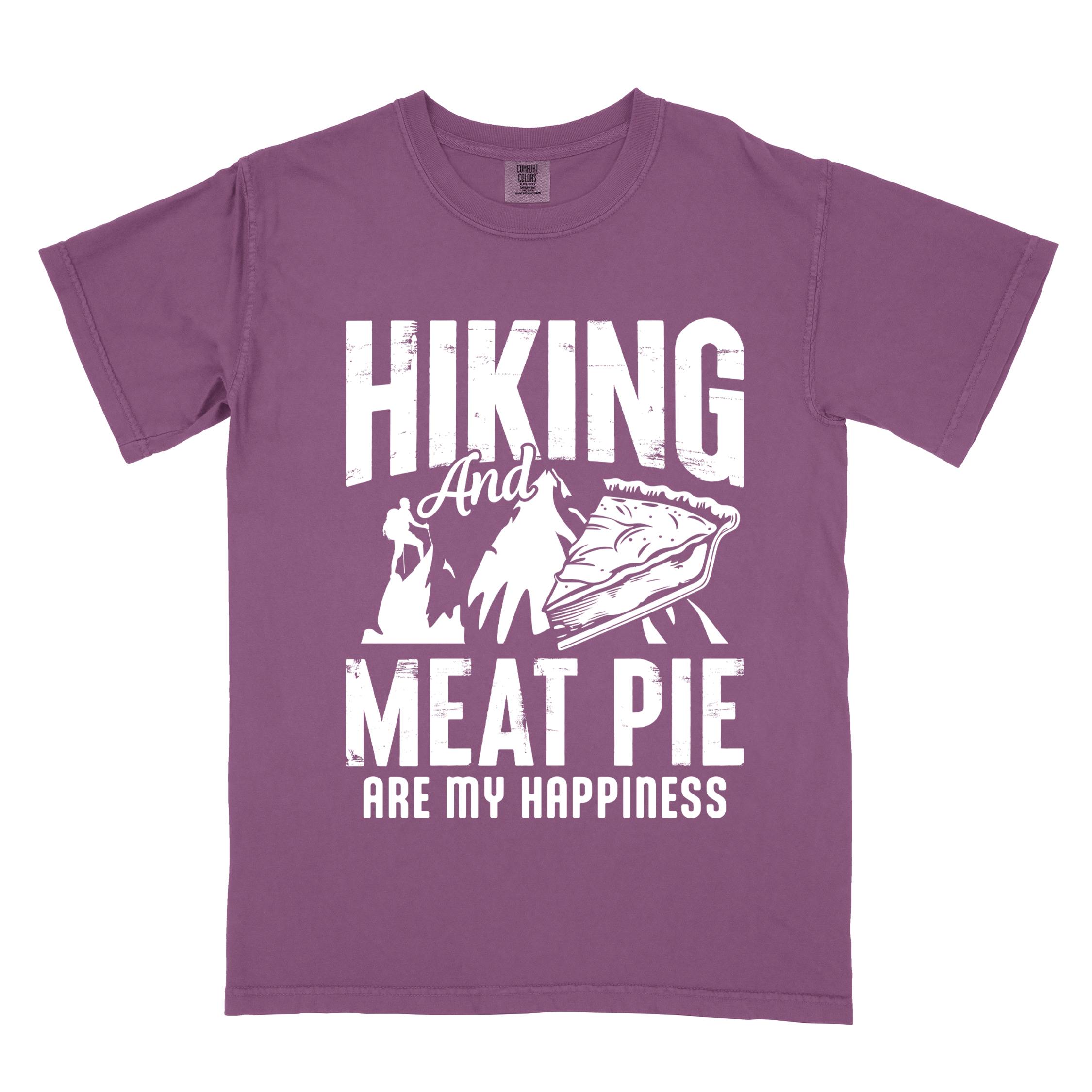 Berry "Hiking and Meat Pie are my Happiness" colored vintage tee with bold typography, mountains, and illustrated slice of pie for pie lovers