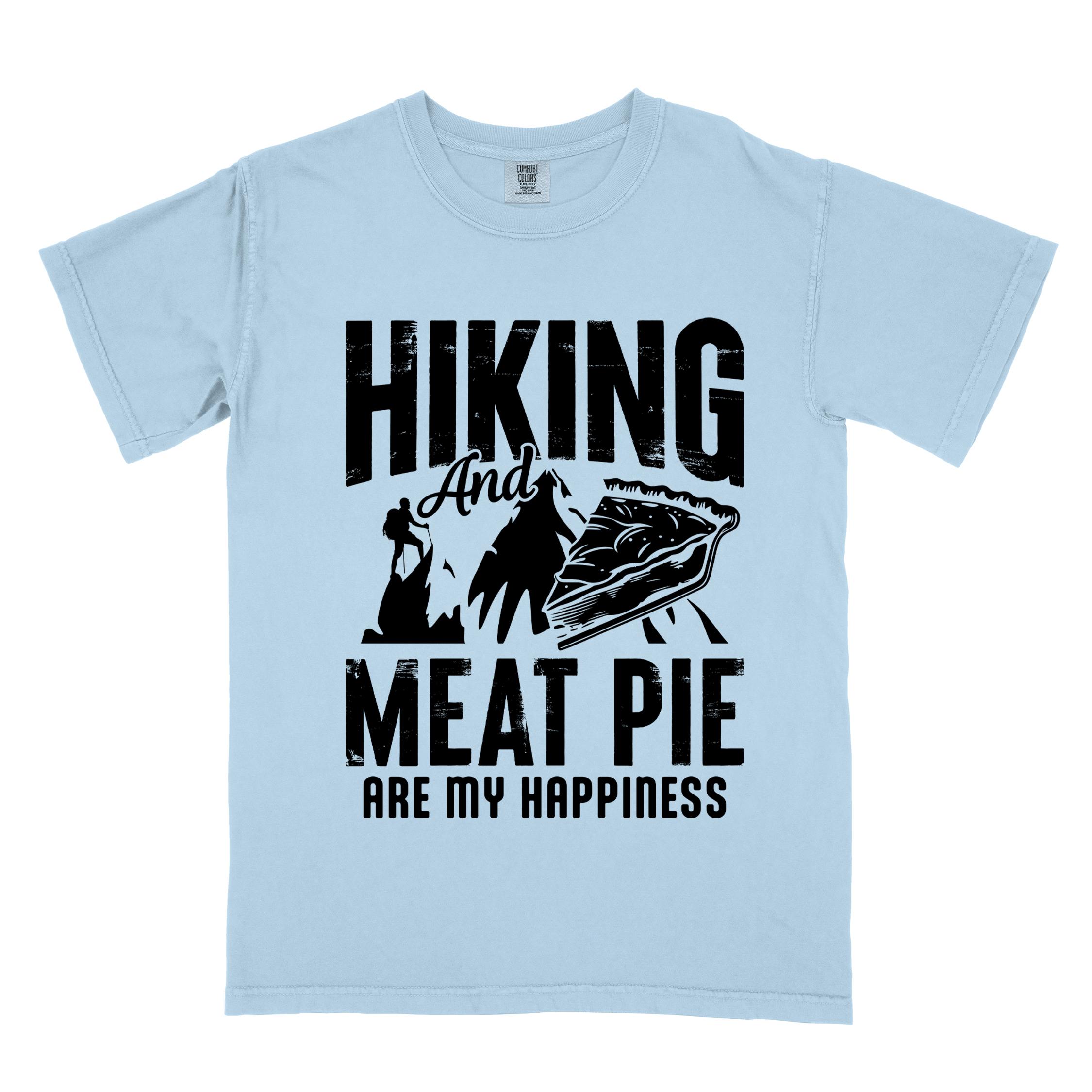 Chambray "Hiking and Meat Pie are my Happiness" colored vintage tee with bold typography, mountains, and illustrated slice of pie for pie lovers