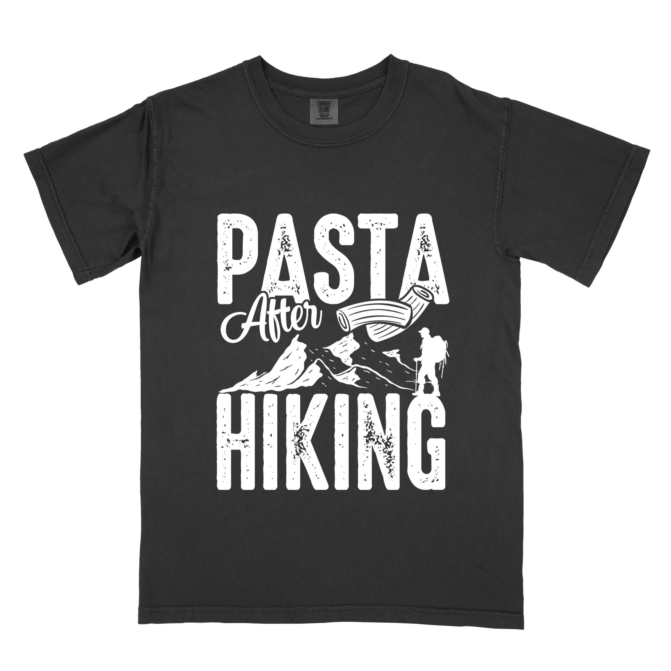 Black "Pasta after hiking" colored vintage tee with bold typography, birds, mountains, illustrated pieces of pasta, and backpackers for pasta lovers.