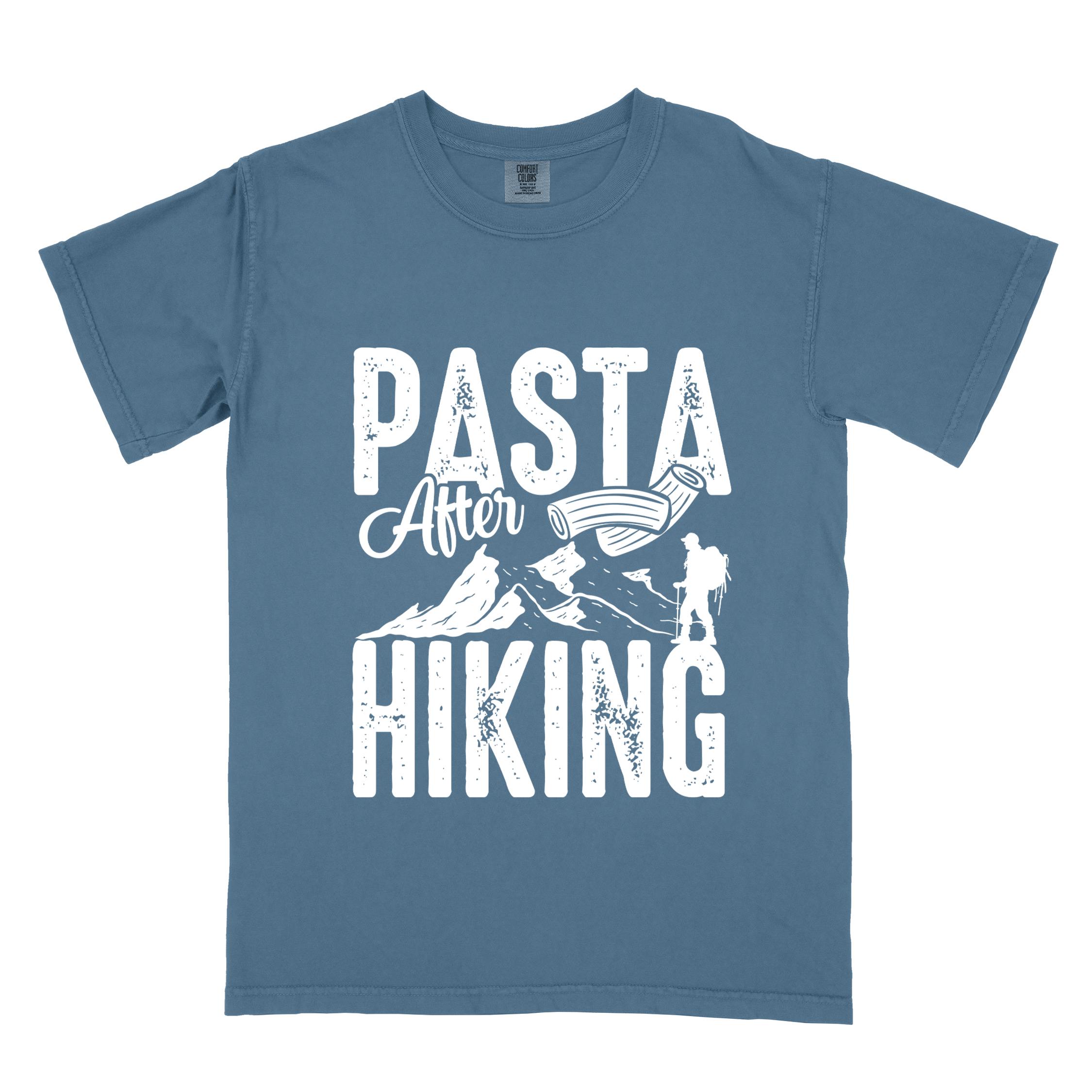 Blue jean "Pasta after hiking" colored vintage tee with bold typography, birds, mountains, illustrated pieces of pasta, and backpackers for pasta lovers.