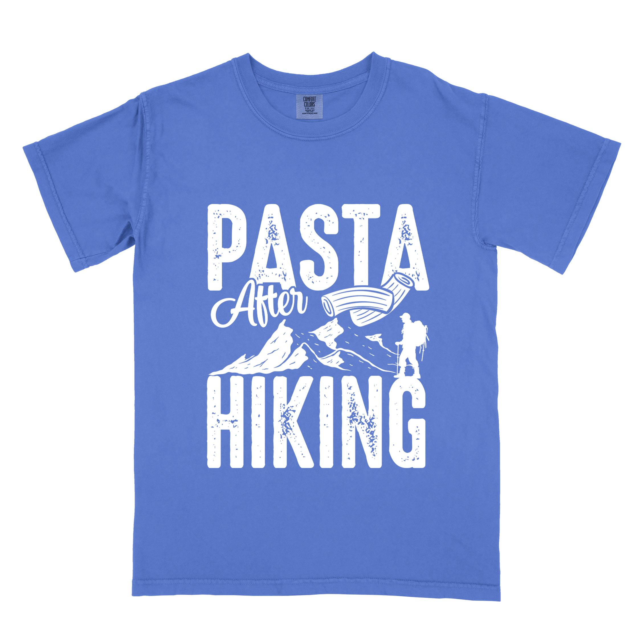 Flo blue "Pasta after hiking" colored vintage tee with bold typography, birds, mountains, illustrated pieces of pasta, and backpackers for pasta lovers.