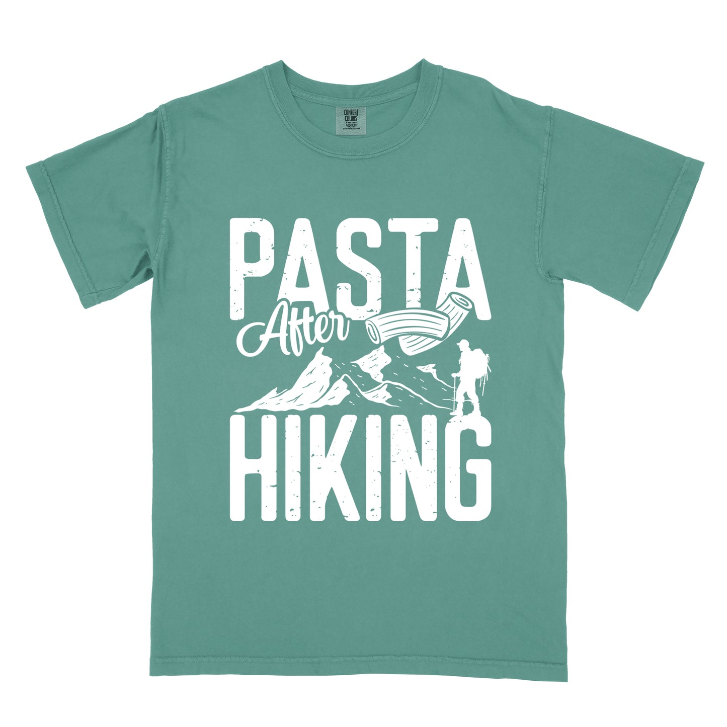 Light Green t-shirt with white distressed text reading "PASTA After HIKING". "PASTA" appears in large block letters at the top, "After" in script in the middle, and "HIKING" in large block letters at the bottom. Features white mountain silhouettes in the center, a white hiker silhouette on the right side, and an illustration of penne pasta above the mountains.