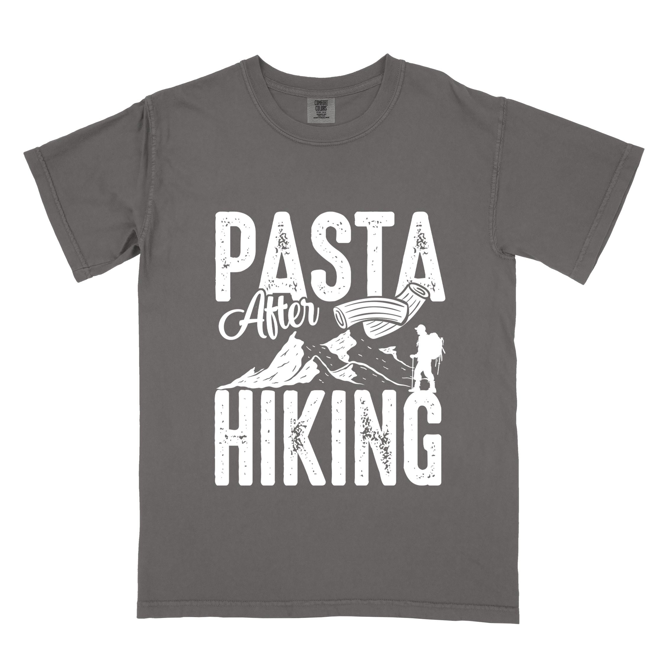 Pepper "Pasta after hiking" colored vintage tee with bold typography, birds, mountains, illustrated pieces of pasta, and backpackers for pasta lovers.