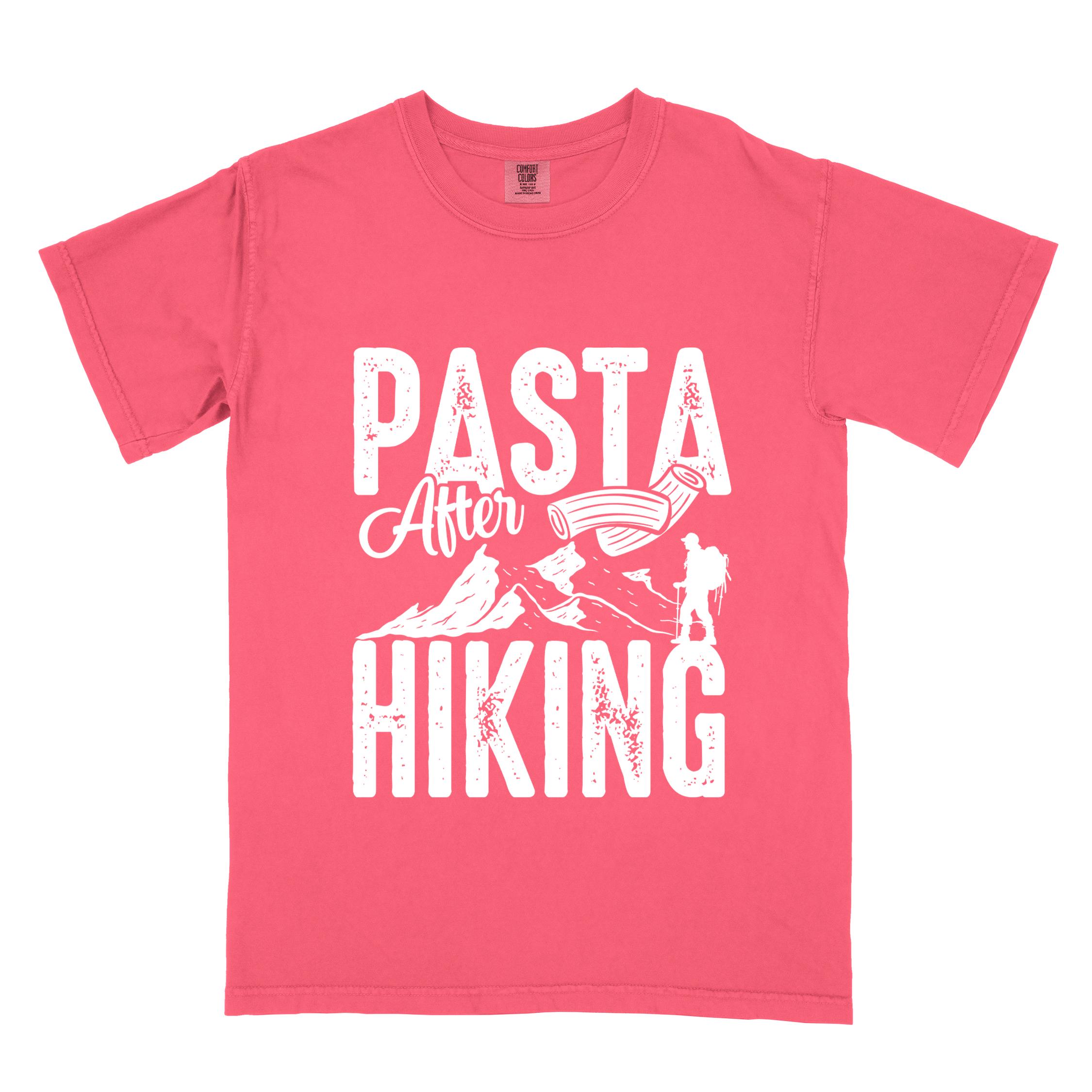 Watermelon "Pasta after hiking" colored vintage tee with bold typography, birds, mountains, illustrated pieces of pasta, and backpackers for pasta lovers.