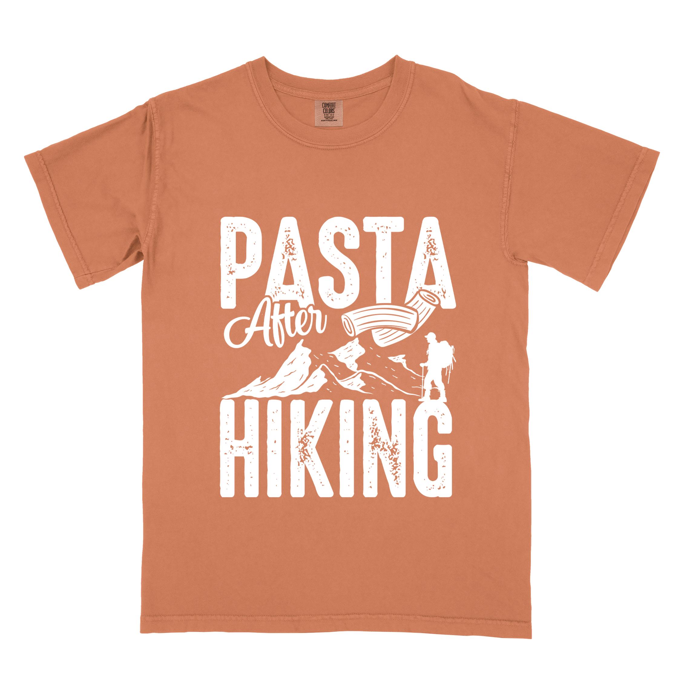 Yam "Pasta after hiking" colored vintage tee with bold typography, birds, mountains, illustrated pieces of pasta, and backpackers for pasta lovers.