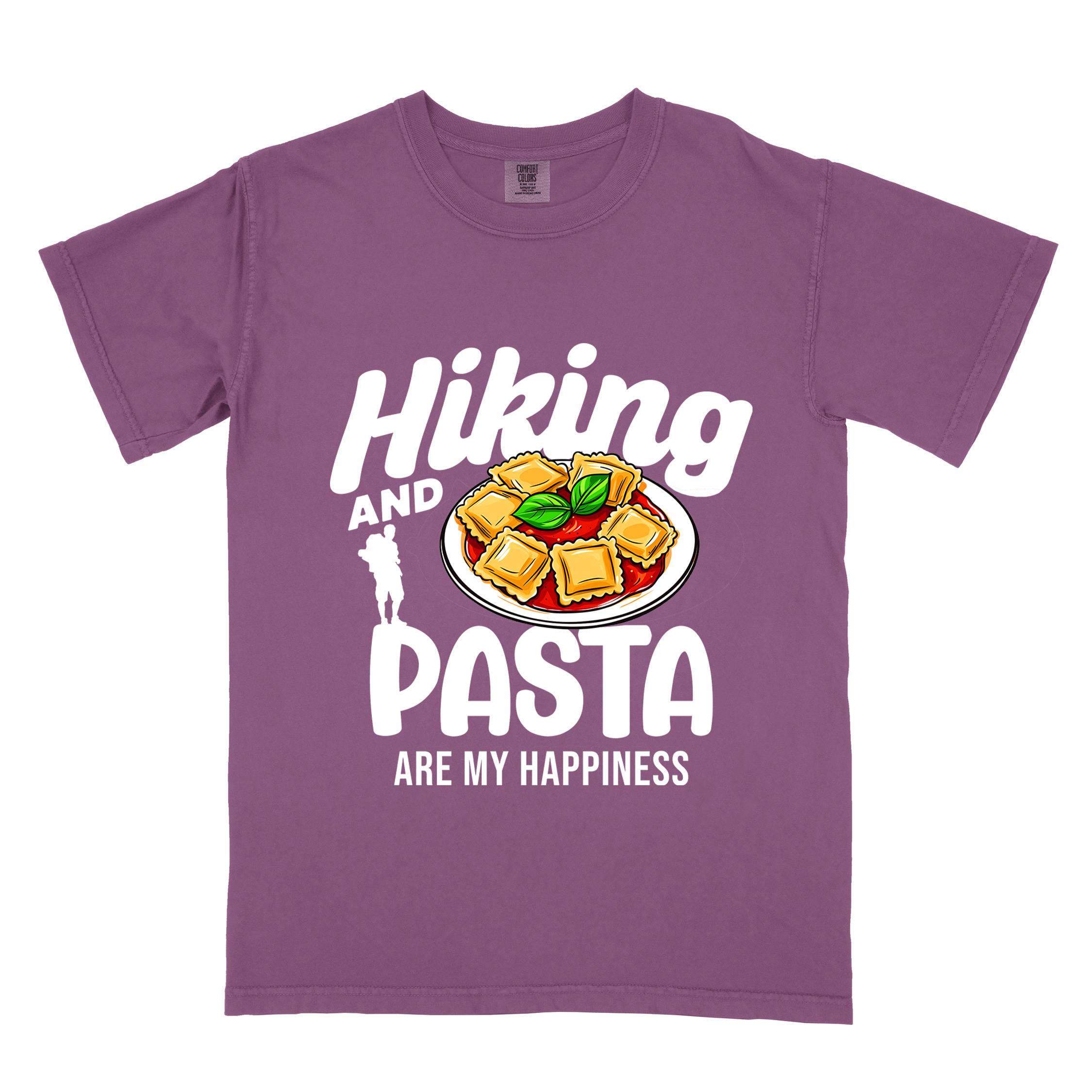 Berry "Hiking and pasta are my happiness" colored vintage tee with bold typography, illustrated plate of pasta, and backpackers for pasta lovers.