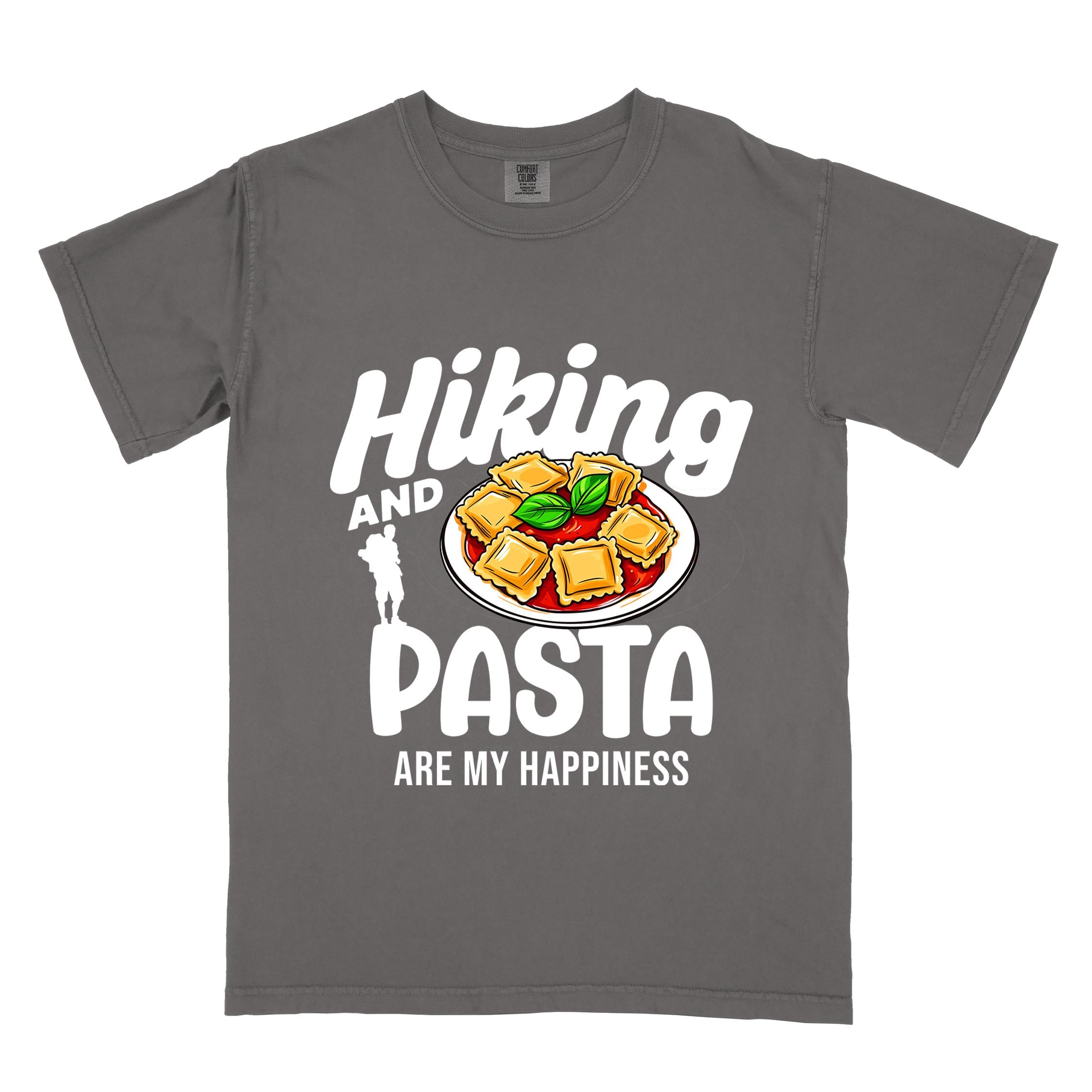 Pepper "Hiking and pasta are my happiness" colored vintage tee with bold typography, illustrated plate of pasta, and backpackers for pasta lovers.