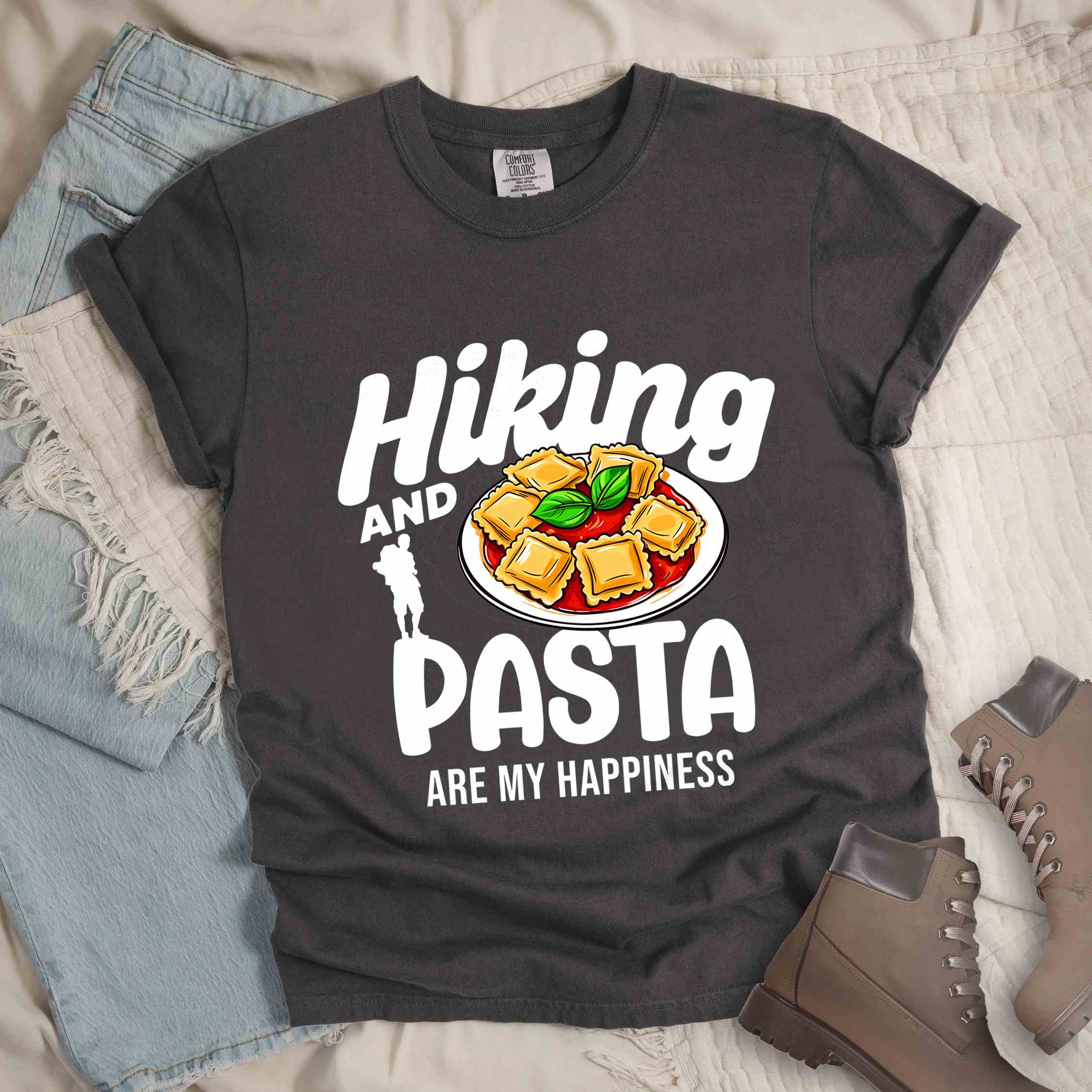 Pepper "Hiking and pasta are my happiness" colored vintage tee with bold typography, illustrated plate of pasta, and backpackers for pasta lovers.
