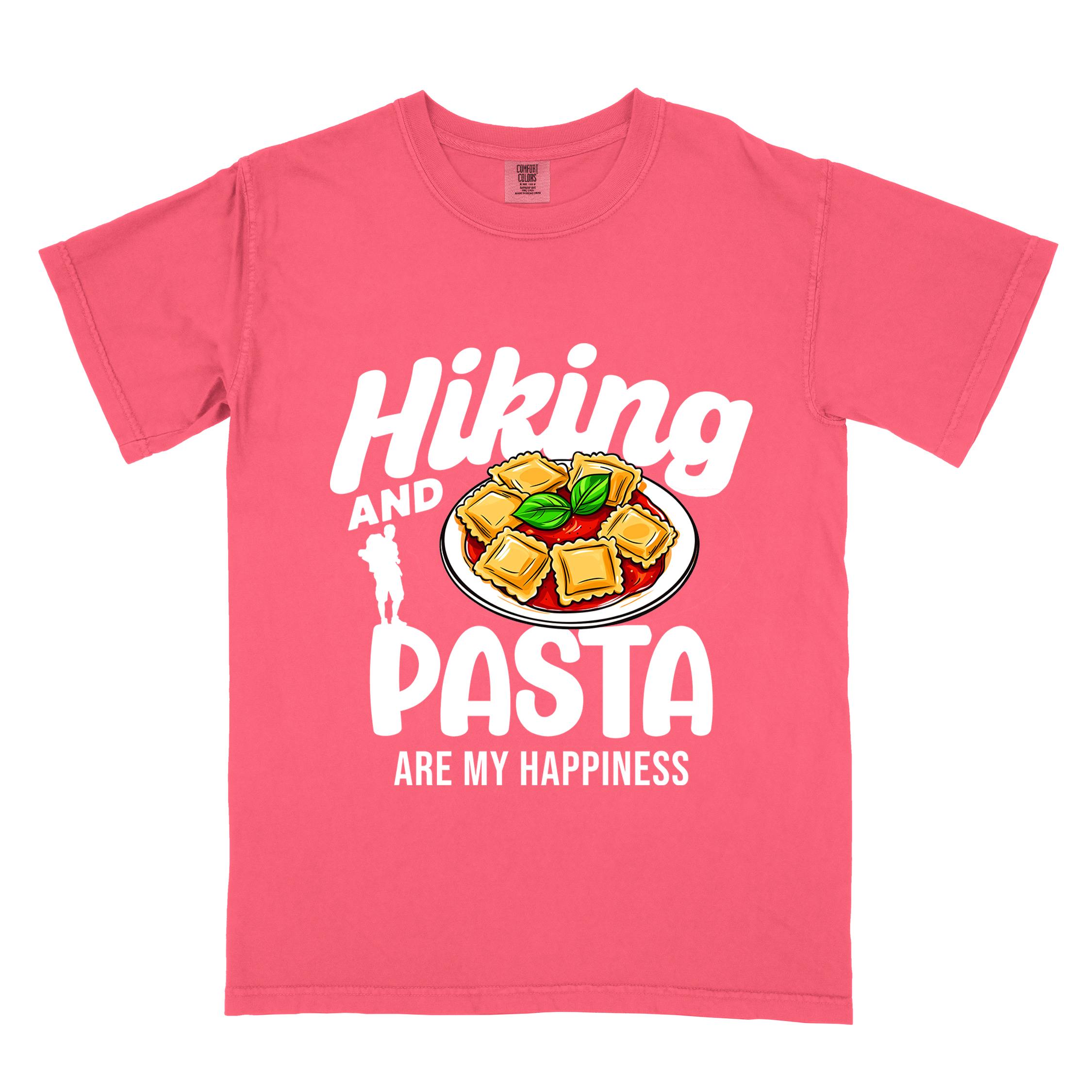 Watermelon "Hiking and pasta are my happiness" colored vintage tee with bold typography, illustrated plate of pasta, and backpackers for pasta lovers.