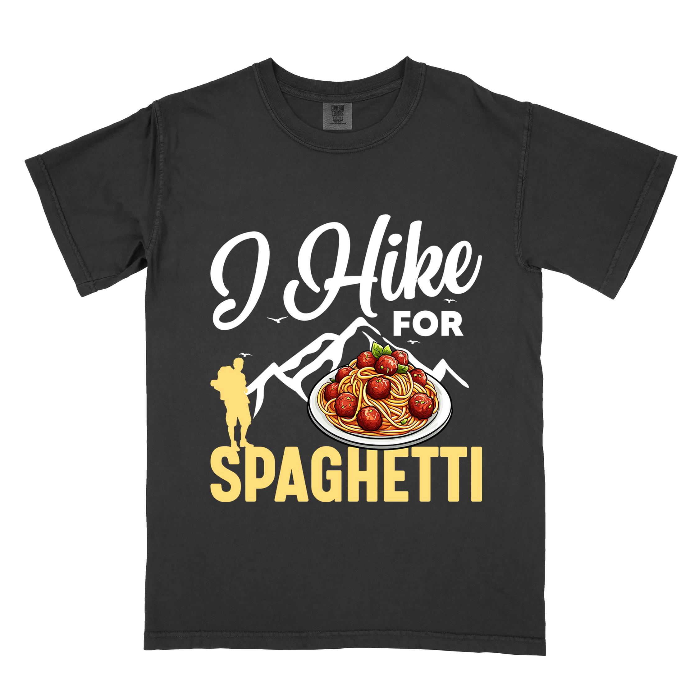 Black "I hike for spaghetti" colored vintage tee with bold typography, illustrated plate of spaghetti meatballs, and backpackers for pasta lovers.