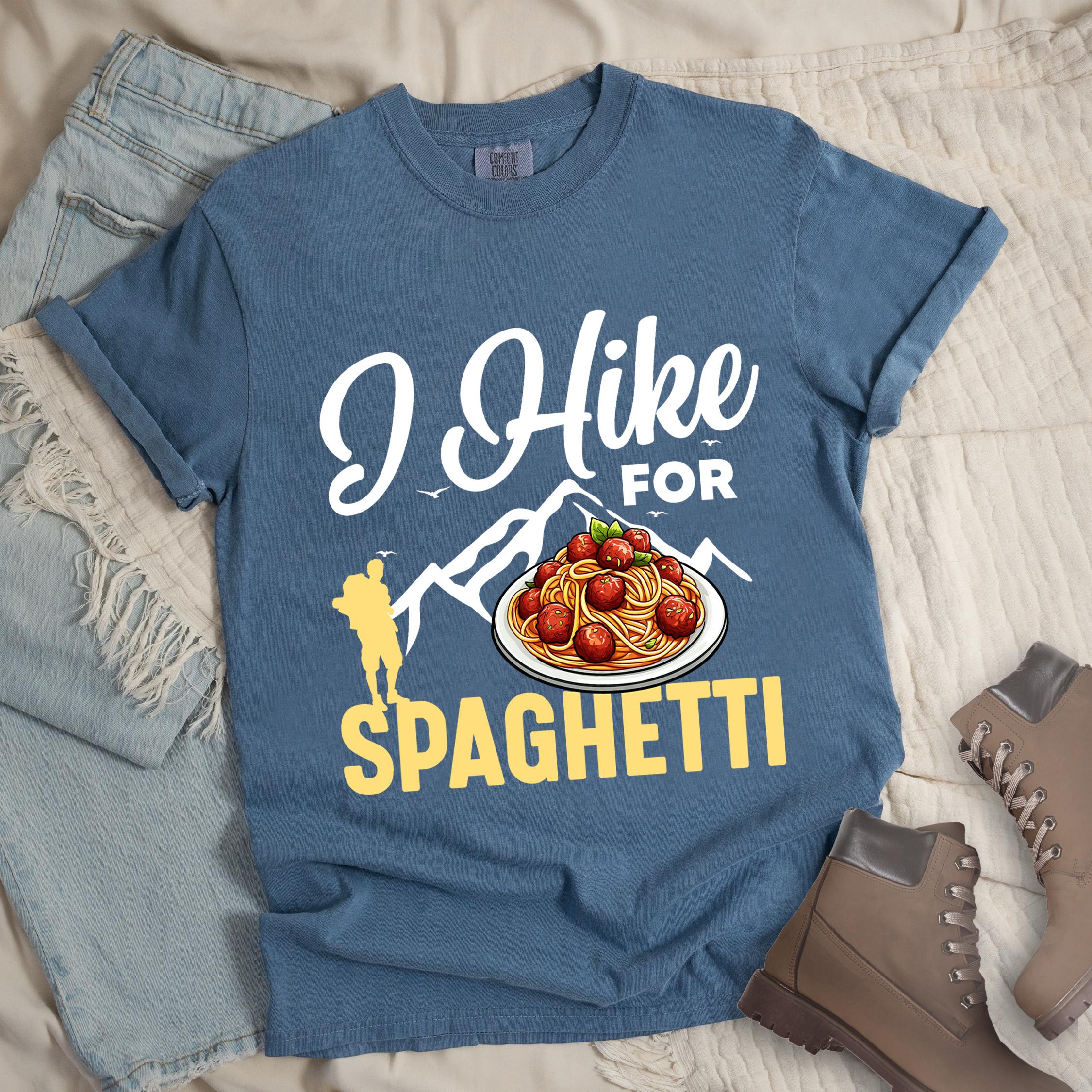 Dark blue shirt with the phrase “I Hike For Spaghetti.” Includes a hiker silhouette, mountain outline, and a plate of spaghetti with meatballs.